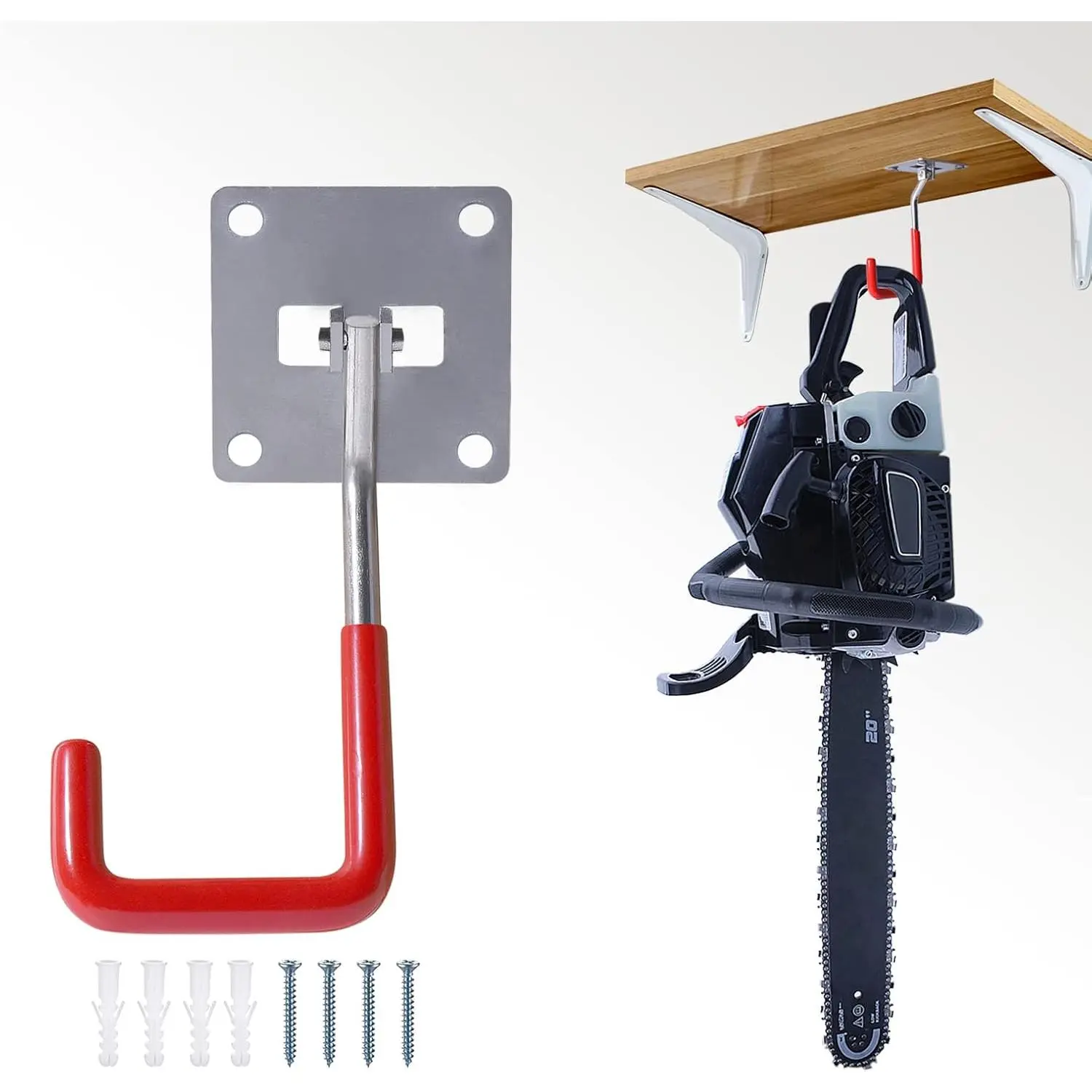 Stainless Steel Heavy-Duty Adjustable Wall Storage Hooks with Anti-Slip Coating for Chainsaws, , Garden Tools (Screws and Dowels Included)