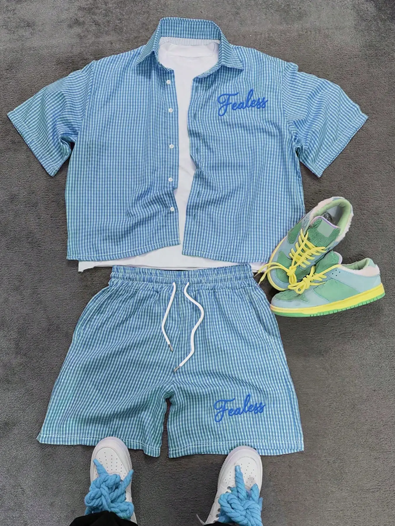Men's Blue White Tartan Plaid Collared Button Down Shirt & Drawstring Shorts 2-Piece Set | Casual Vacation Streetwear Outfit | Summer Daily Matching Set for Men