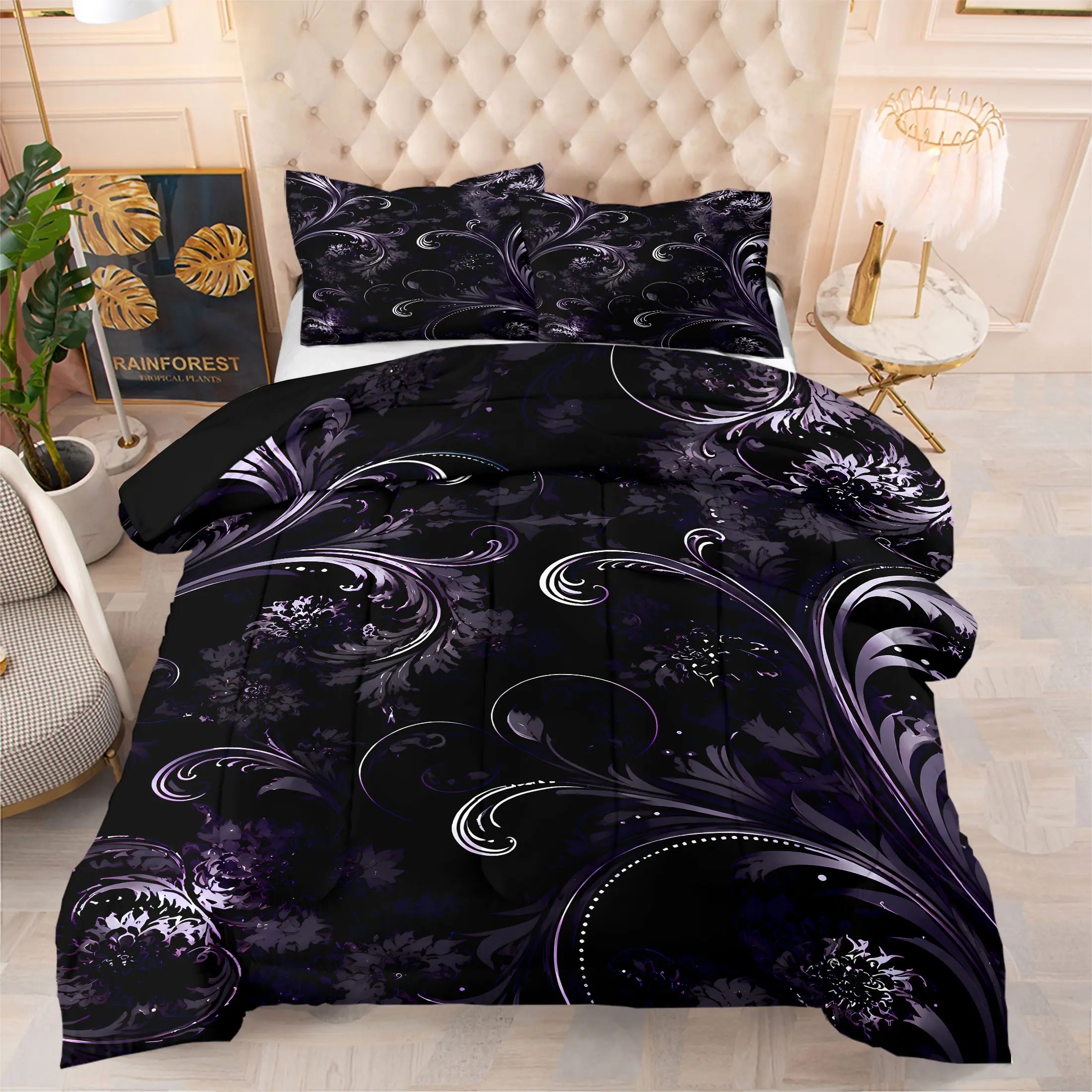 Gothic Luxury Dark Damask Scroll Comforter Set, (1 Comforter + 1‑2 Coreless Pillowcases), Soft Comfy Washable Bed Set, Vintage Purple Silver Ornate Pattern, Aesthetic Dark Bedding for Adult Bedroom, Decorative Bedding Set