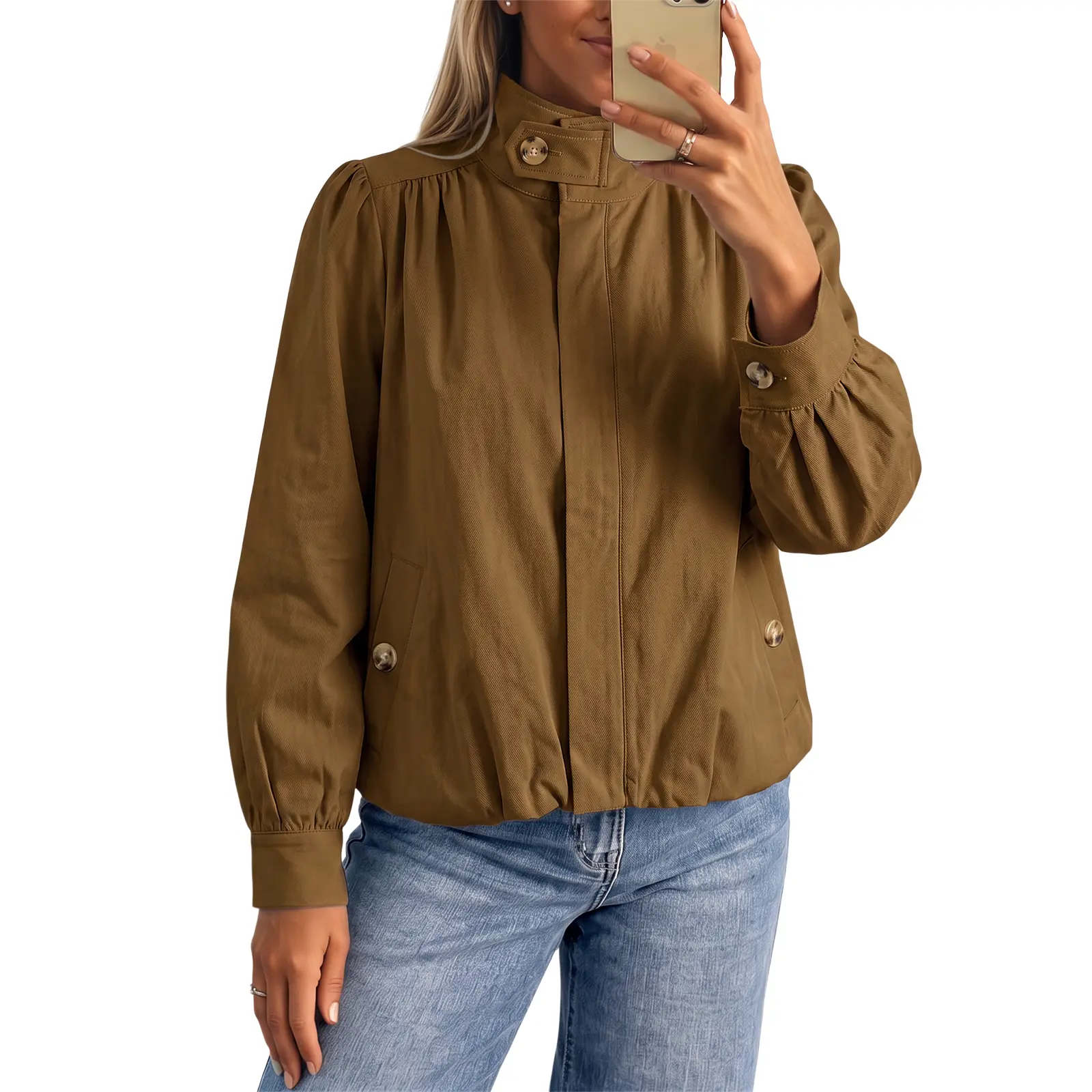 Tankaneo Womens Stand Collar Balloon Sleeve Casual Jacket, Loose Oversized Button Down Cropped Lightweight Outerwear Top for Spring Autumn
