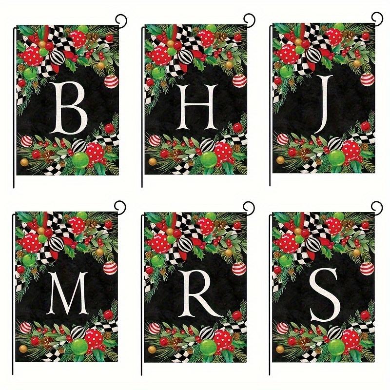 Linen Christmas Monogram Letter Garden Flag - Initial Personalized Family Name Yard Banner Sign,Double-Sided Print, Festive Holiday Outdoor Decoration, Yule Holly Design, No Flagpole Included Ornaments