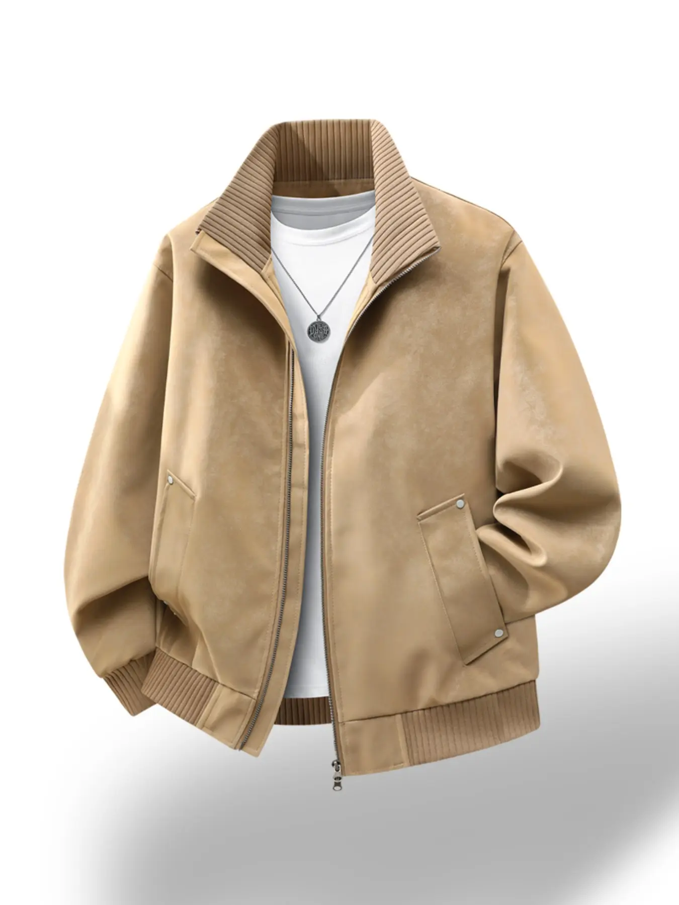 Men's Vintage Washed Suede-Style Baseball Jacket, Ribbed Stand Collar Zipper Loose Streetwear Coat, Fall Winter Outdoor Daily Wear