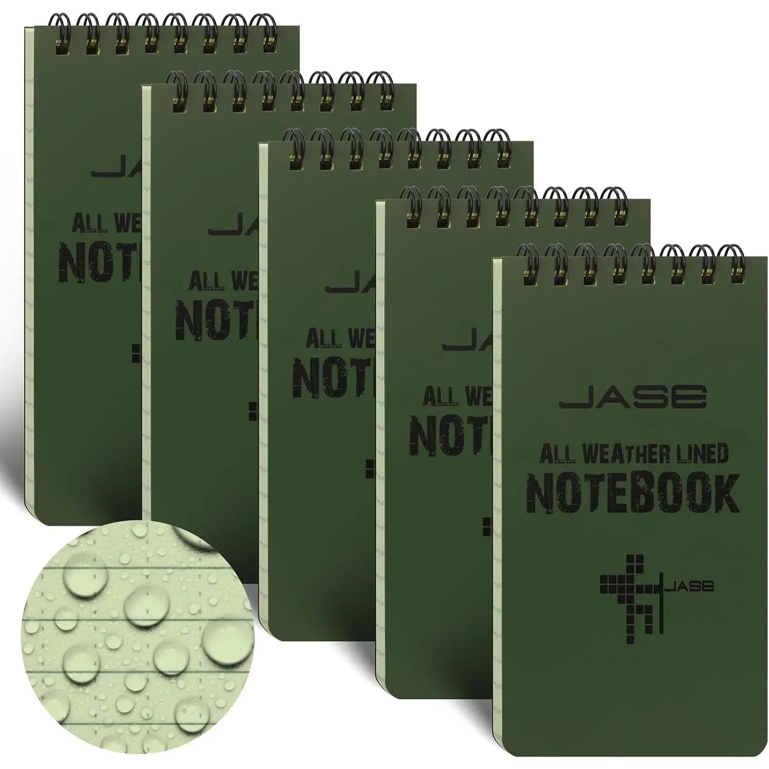 Waterproof Polydura Weather Top-Spiral Notebooks, 3"x5" Green Cover, 100 Pages Shower Notes Pad (5-Pack) - Modern Office Stationery