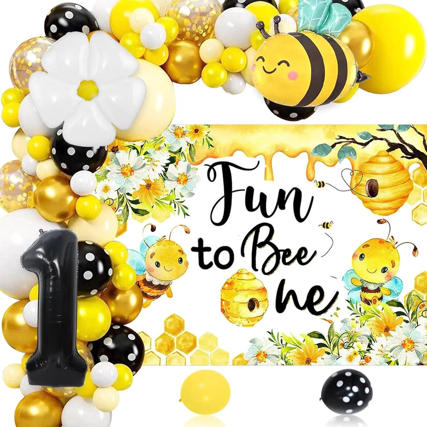 Fun to Bee 1 Backdrop & Bumble Bee Balloons Set - Flower Watercolor Art Honeycomb Accents Balloon Letter Festive Backdrops & Banners, 1st Birthday Daisy-Themed Decorations, Multiple Items for Baby Shower, Artificial Flowers Festive Backdrops & Banners