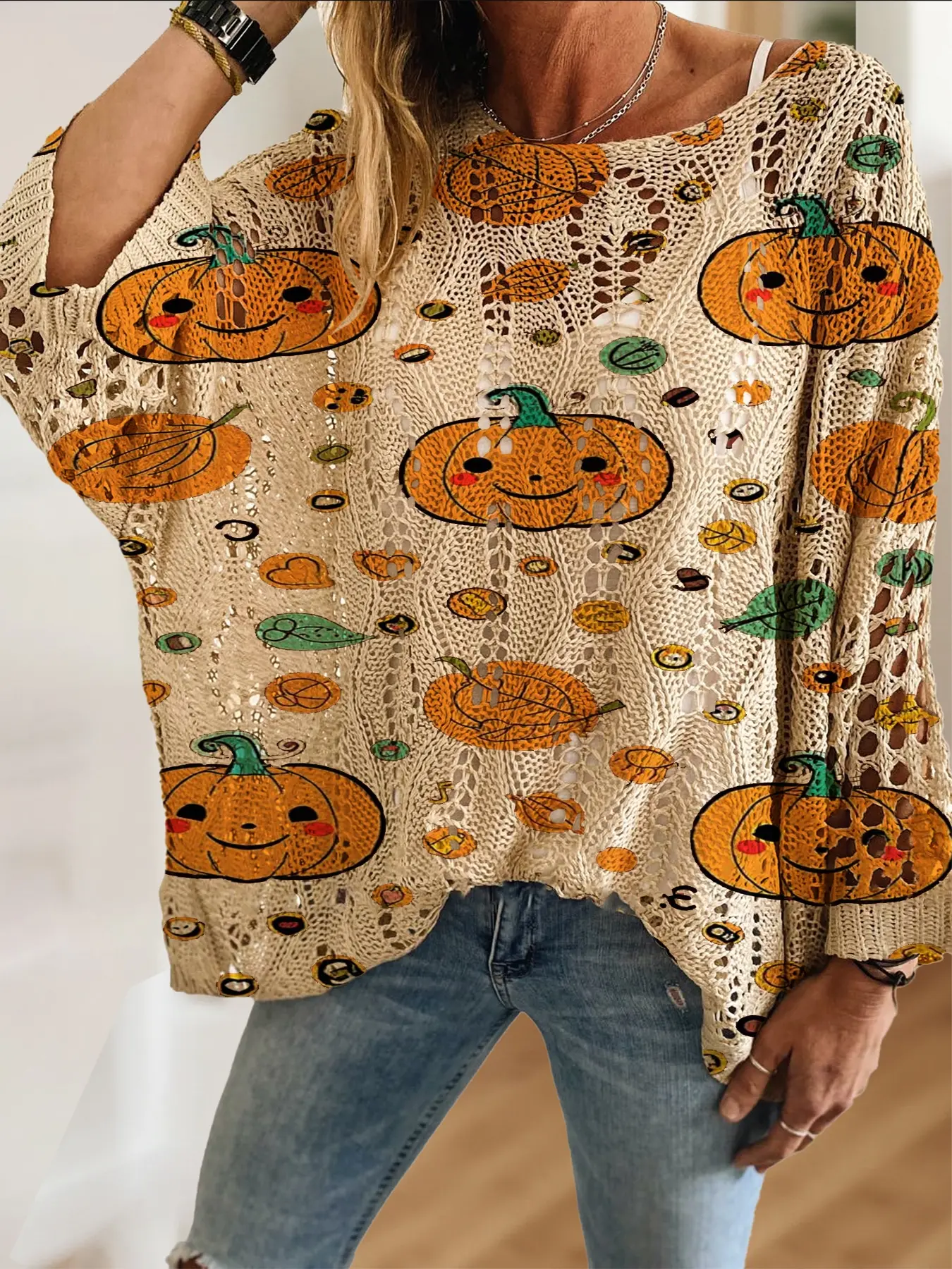 Women's Halloween Pumpkin Print Long Sleeve Knit Top, Casual Elegant Vacation Style Sweater, Comfortable Breathable Loose Fit Shirt
