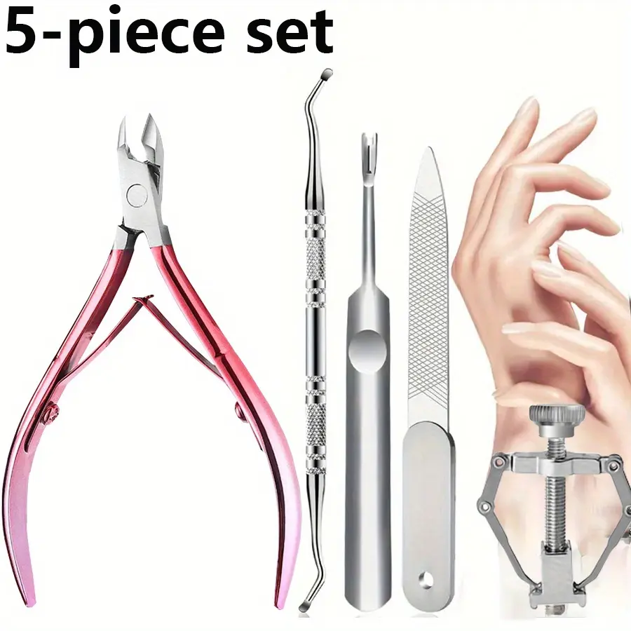 5-piece set of pink stainless steel nail clippers, professional precision complete nail kit nail and foot care tools, with sharp blades for easy trimming, ergonomic handle, nail files and aligners