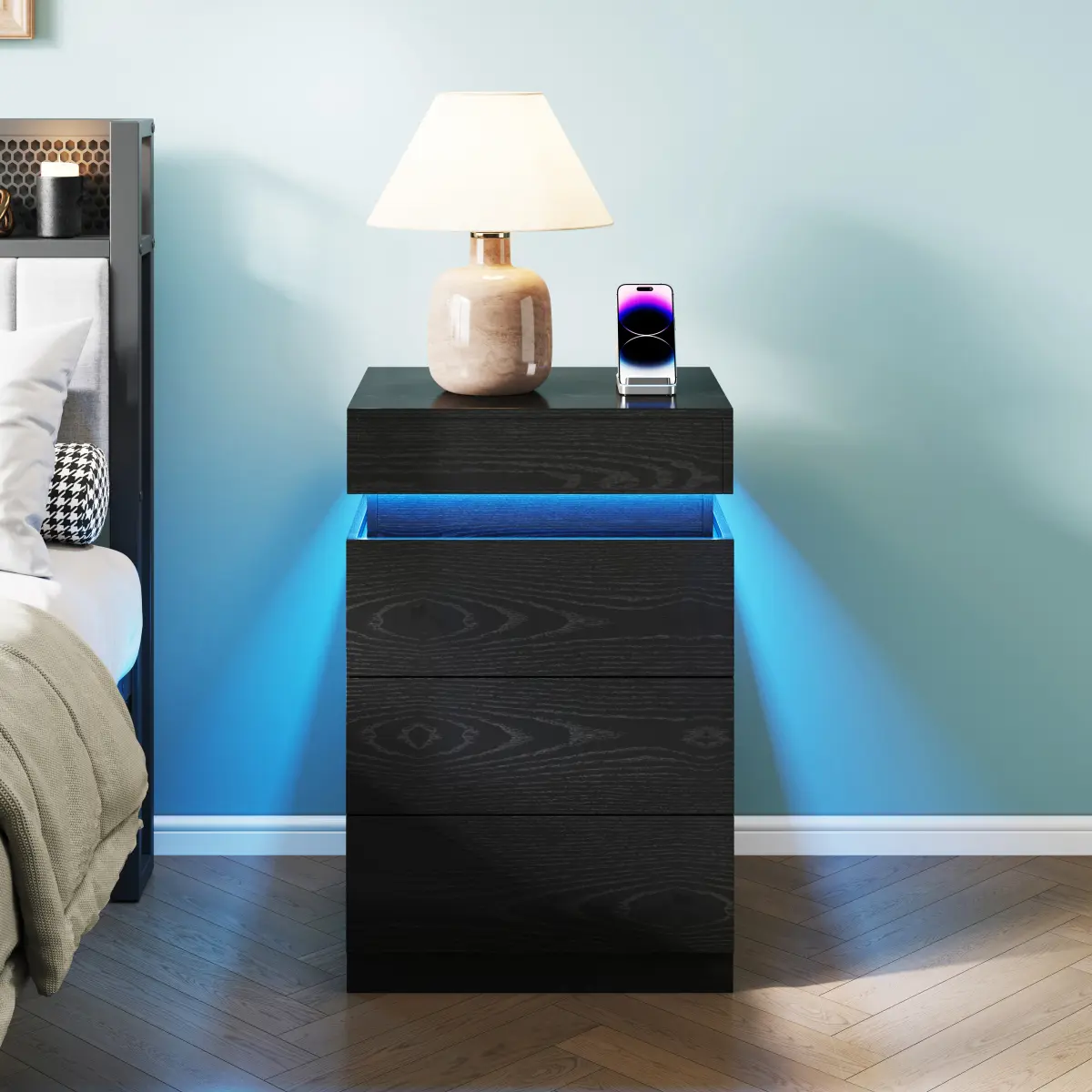 LED Bedside End Table with App and Button Control, Hidden Charging Hub, Handleless Sliding-Top Drawer for Bedroom, Living Room Smart Nightstand Lighted RGB style modern light