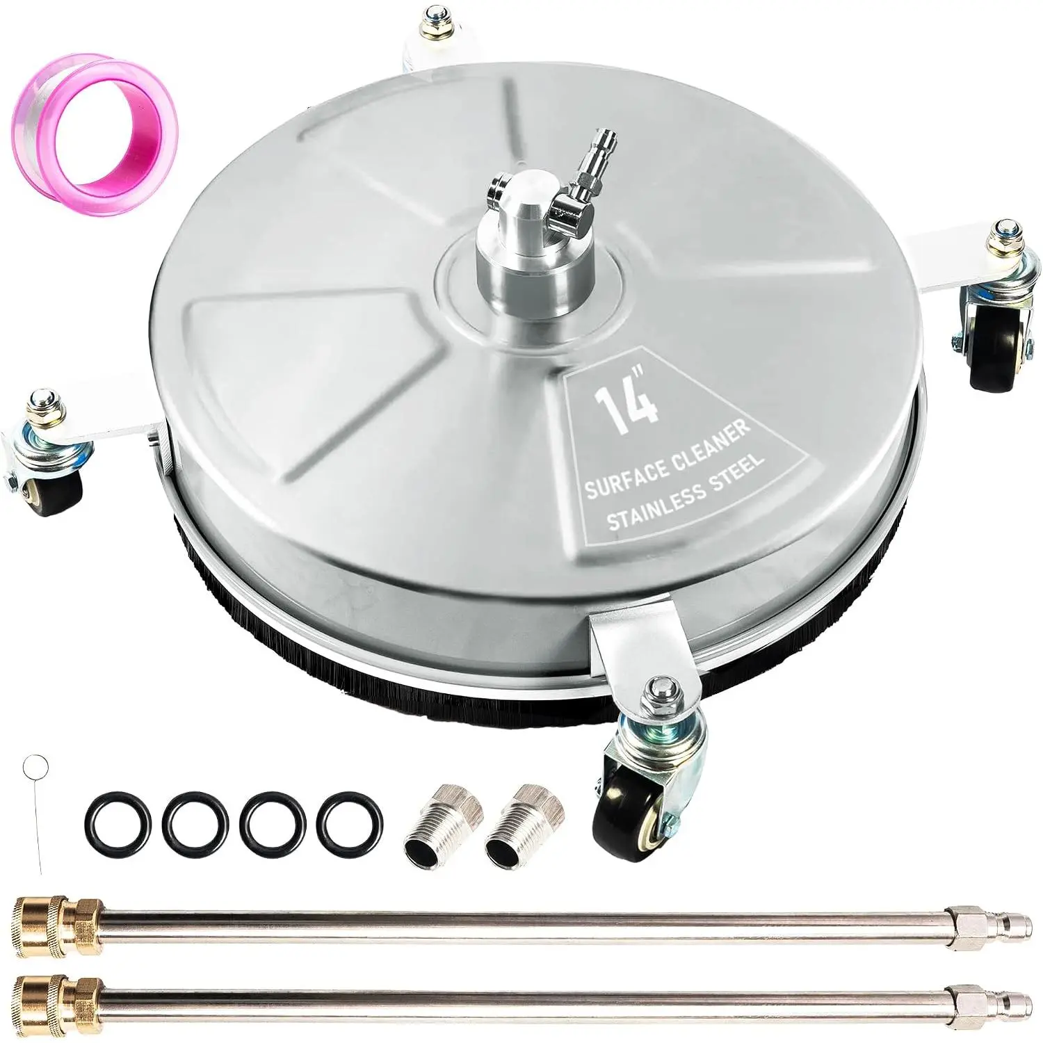 14"  Washer Surface Cleaner with 4 Wheels, Stainless Steel Power Washer Surface Cleaner for Driveways Sidewalks Patios, 1/4" Quick Connector, 2 Extension Wand, 4000 PSI