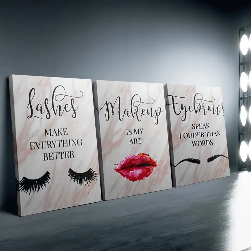 3-Piece Framed Wood Wall Art Set Bundle, 2D Eyebrow & Eyelash Beauty Focus Graphic Art Decorations, Ready-to-Hang Painting for Beauty Salon & Home Room