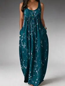 Elegant Plus Size Women's Dress, Loose Fit Slimming Tree Print Sleeveless Long Dress, Fashionable European and American Style, Chic Evening Gown, Elegance