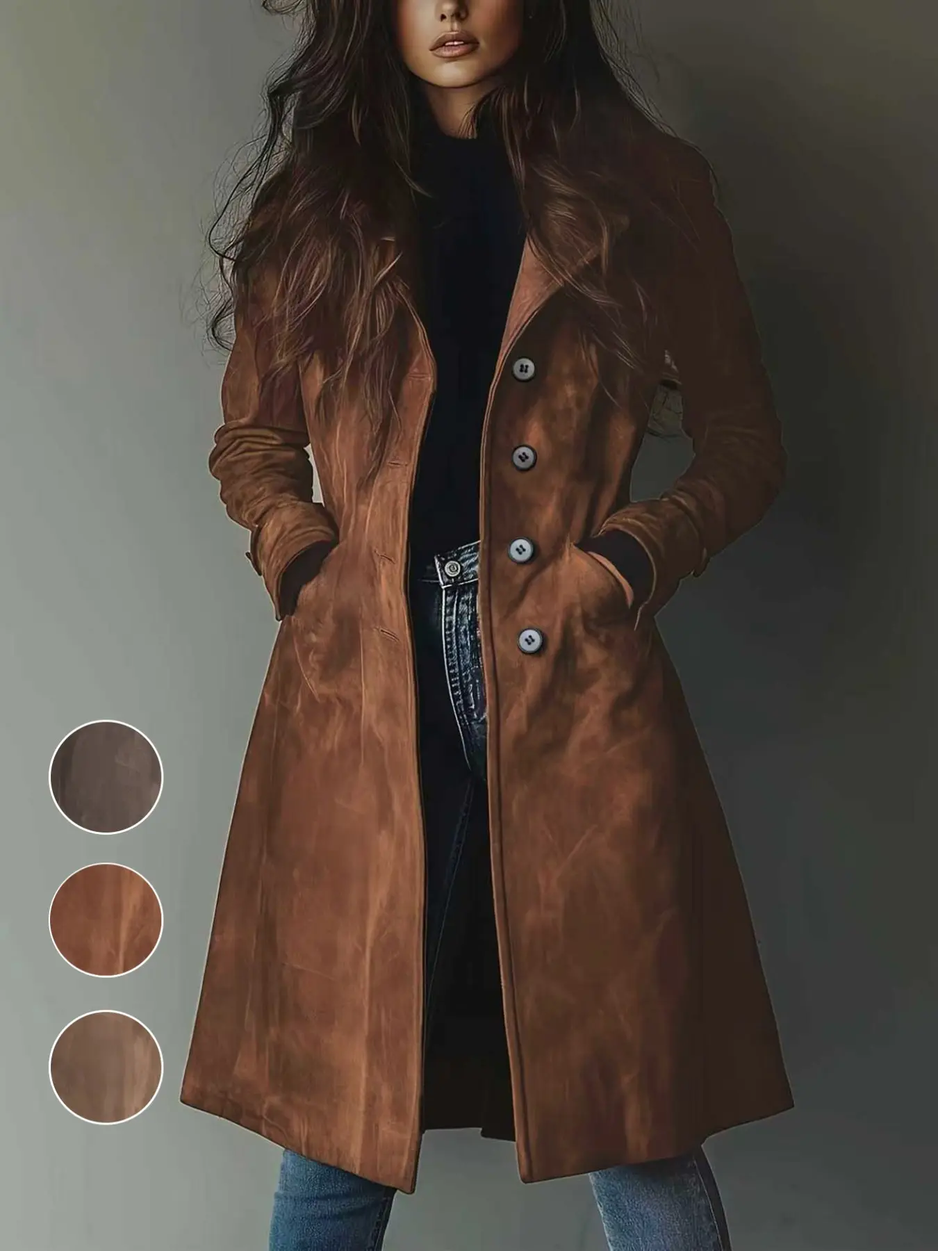 Women's Faux Suede Long Coat, Fall Winter Lapel Single Button Waistcoat, Vintage Casual Commuter Jacket, Elegant Lady Outerwear