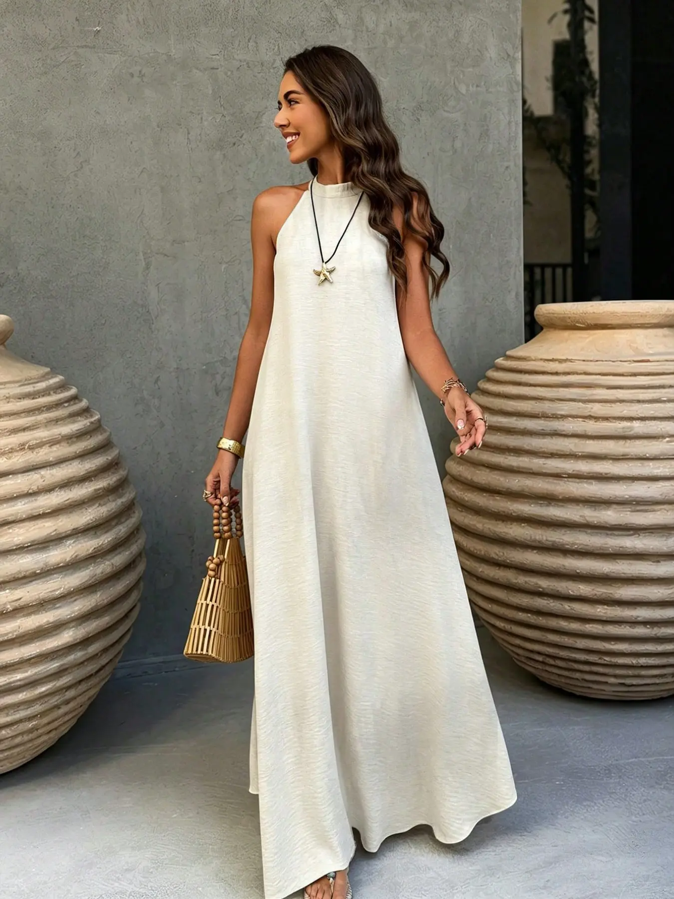 Elegant Simple Style Women's Summer Solid Linen Halter Tie Long Dress, Chic and Comfortable, Perfect for Warm Weather