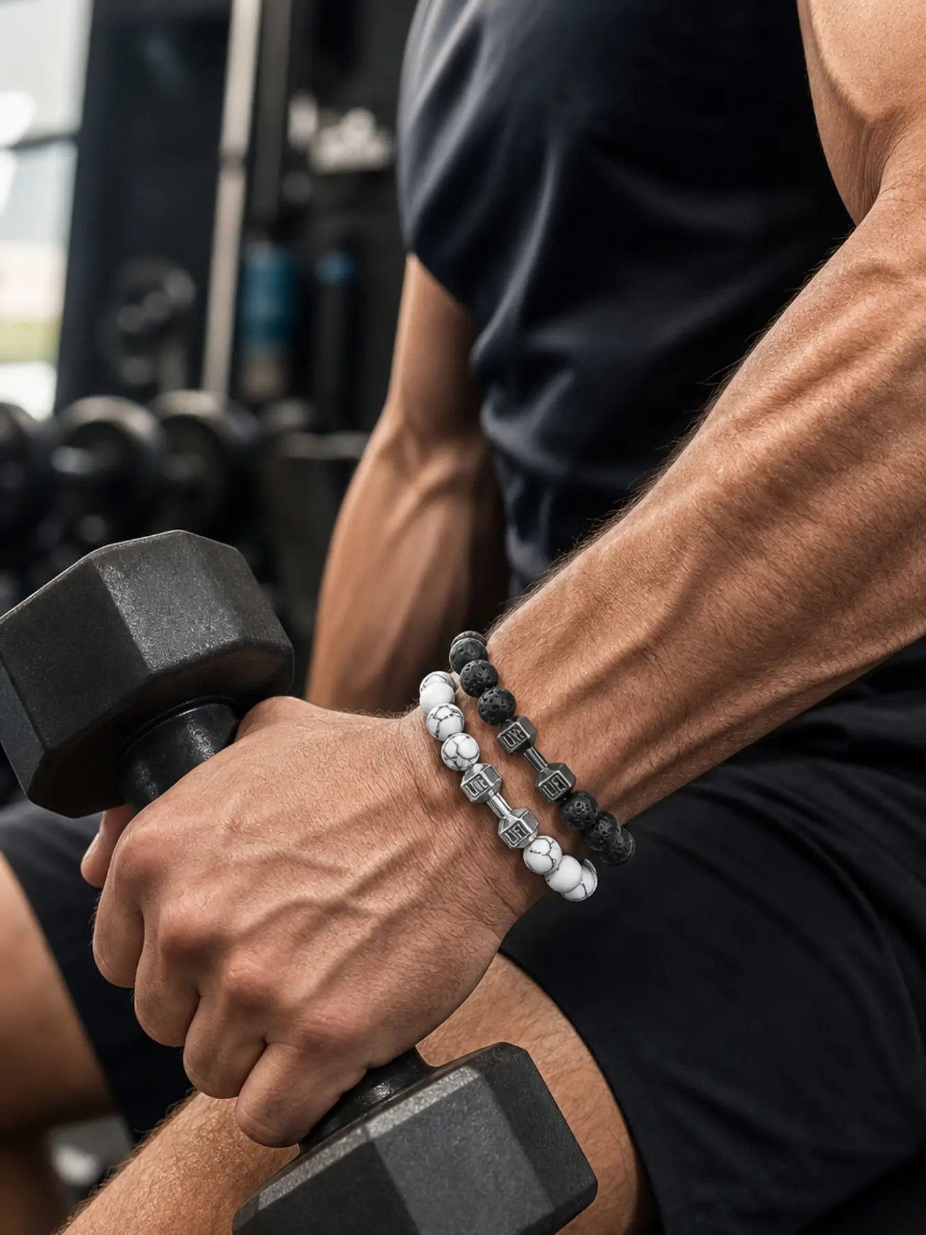 2Pcs Dumbbell Beaded Bracelet Set, Unisex Lava Rock & Howlite Stone Bracelets, Matte Metal Dumbbell Charm, Fitness Gym Workout Jewelry, Stackable Daily Wear & Gym Accessory, Couple Matching Bracelets Gift