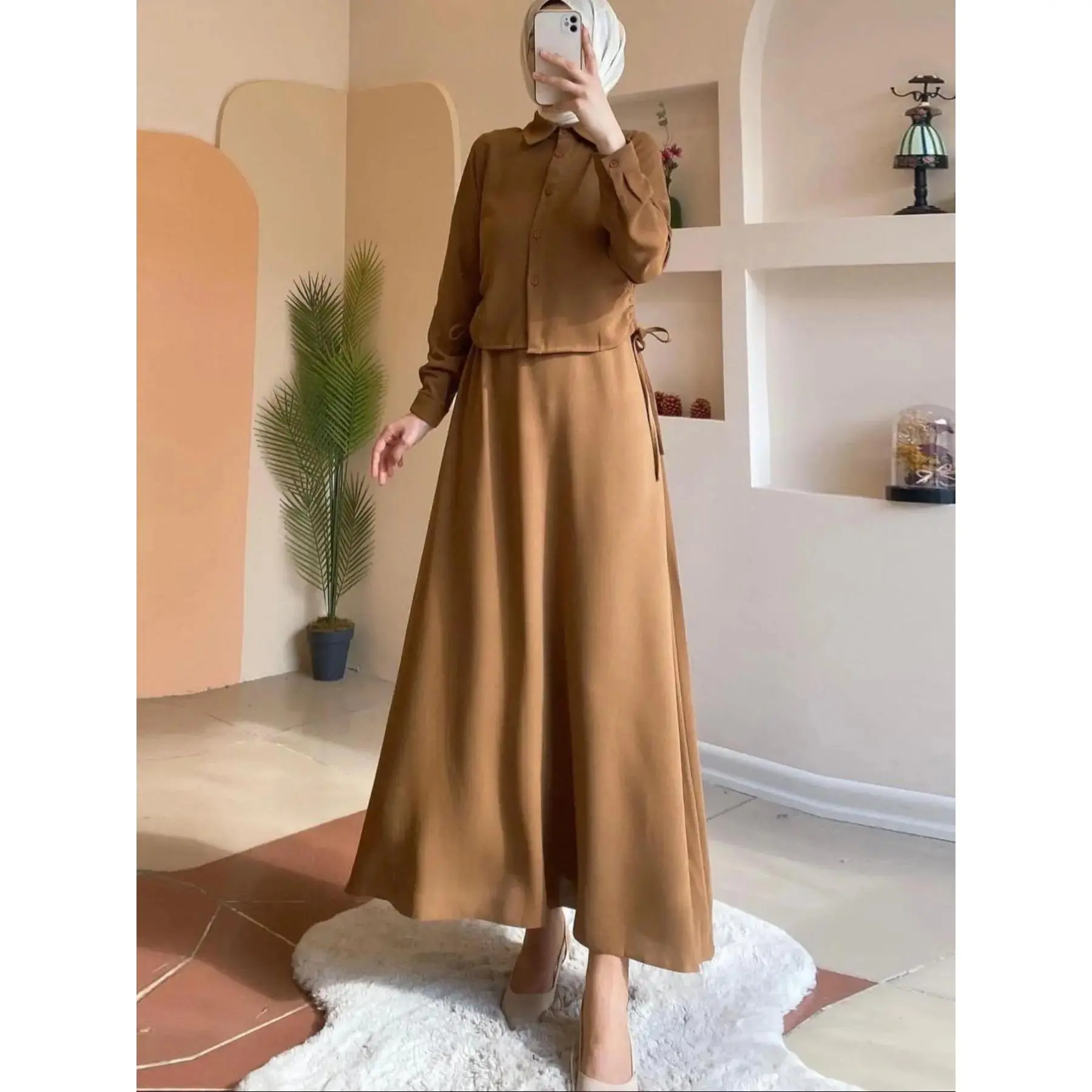 Women's Solid Button Front Drawstring Shirt & Elastic Waist Skirt Modest Two-piece Set, Casual Long Sleeve Collared Top & A Line Skirt for Daily Wear, Ladies Two-piece Outfits for All Seasons