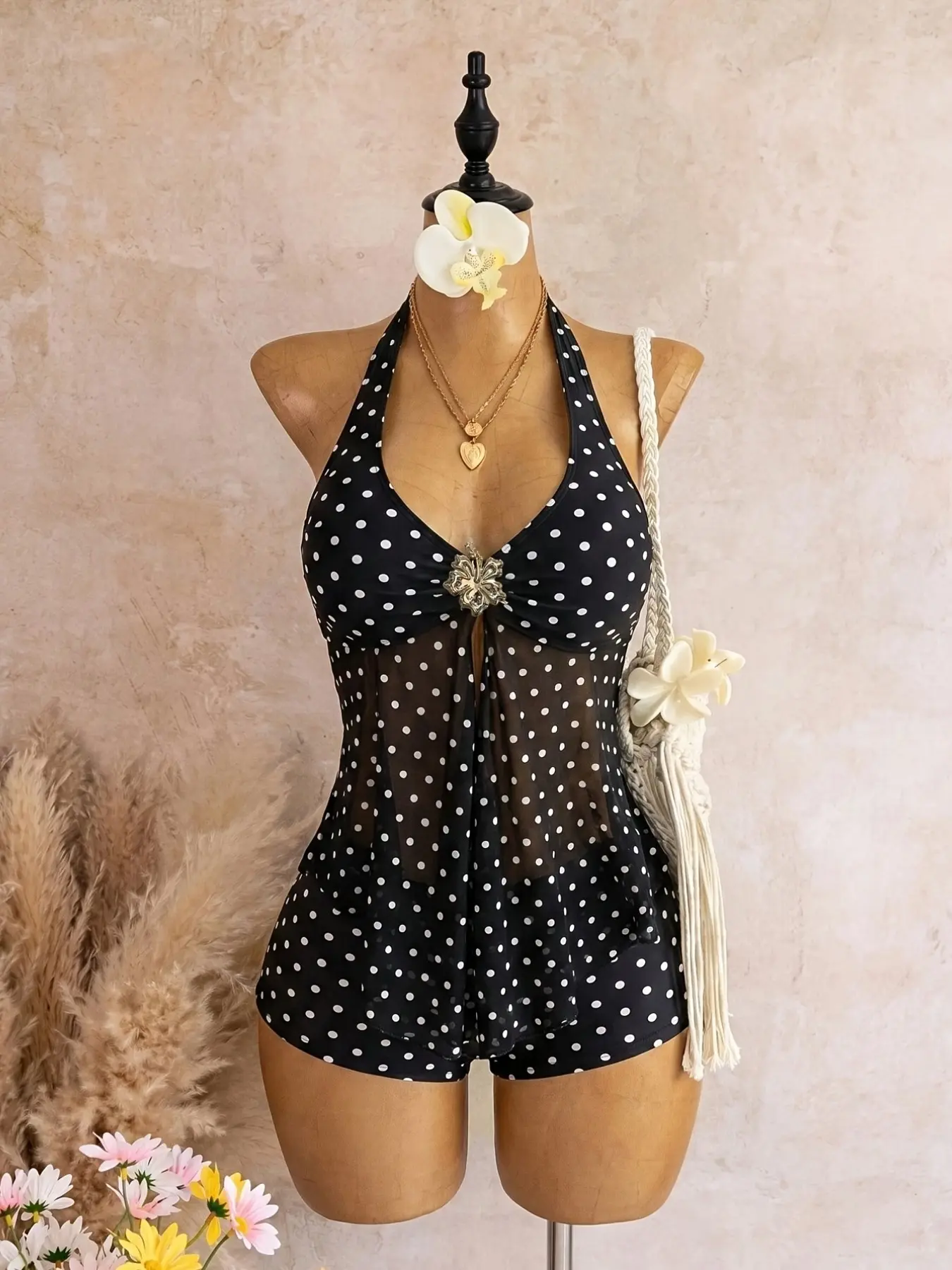 27ss Polka Dot Halter Split Swimwear Set for Women, Two-Piece Cover-Up Mesh Skirt Style, Conservative Hot Spring Vacation Wear