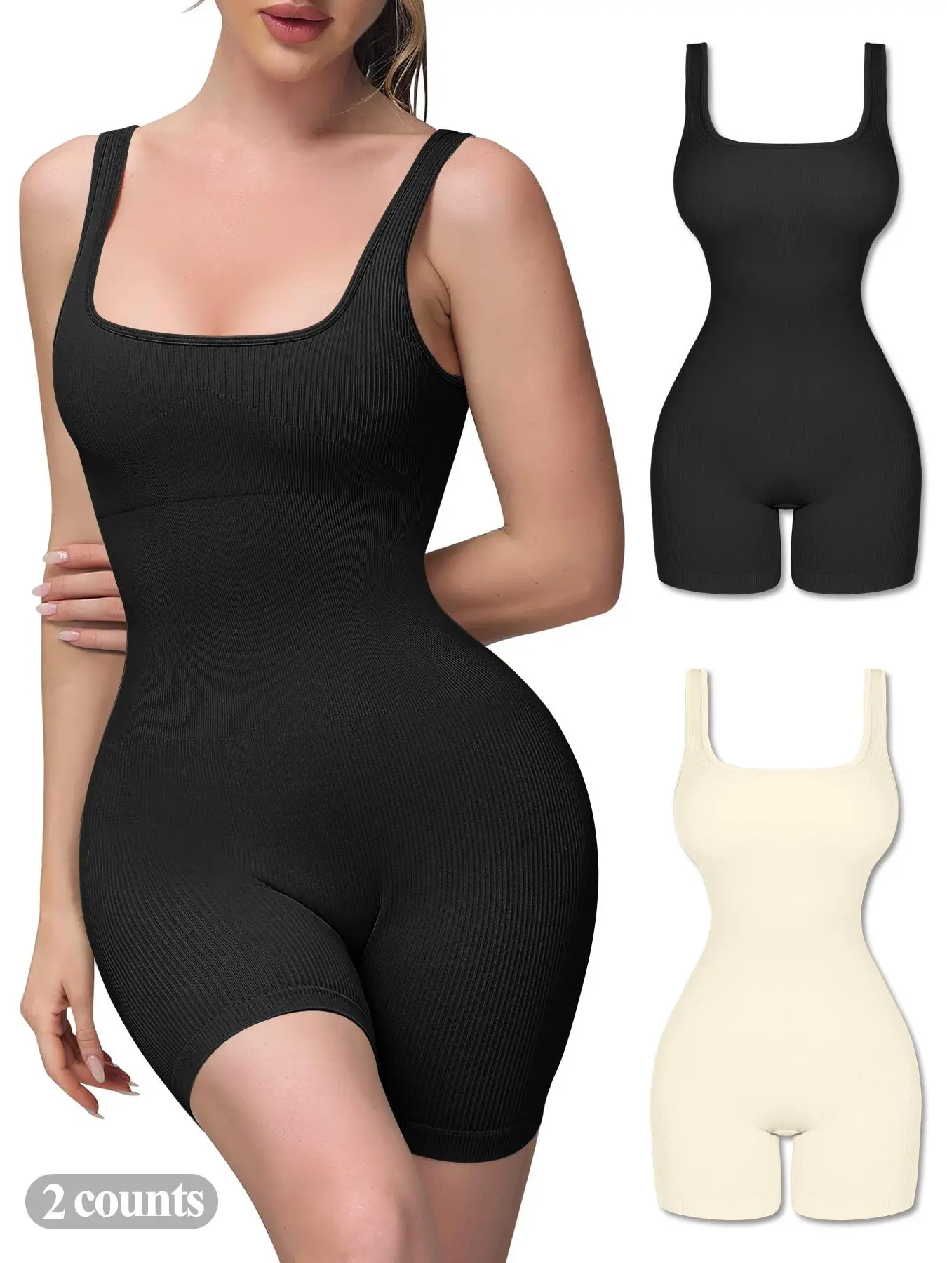 Women's Solid Color Square Neck Shapewear Bodysuit, High Stretch Seamless Tummy Control Sleeveless Shaper Romper, Ladies Shapewear for All Seasons