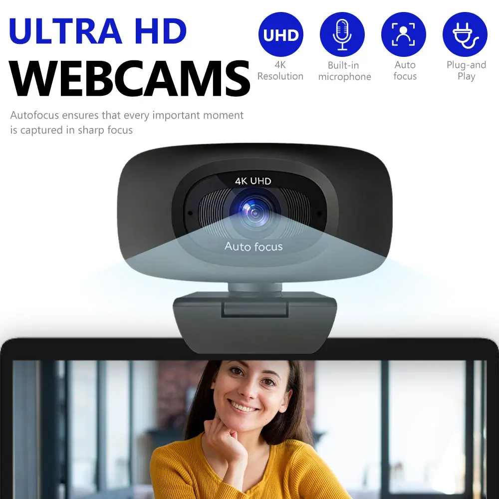 2K/4K Webcam with Sliding Privacy Shutter, 180° Foldable Base, Auto Focus, Noise Reduction Microphone, USB Plug & Play Camera for Live Streaming, Online Study, Office Calls and Gaming