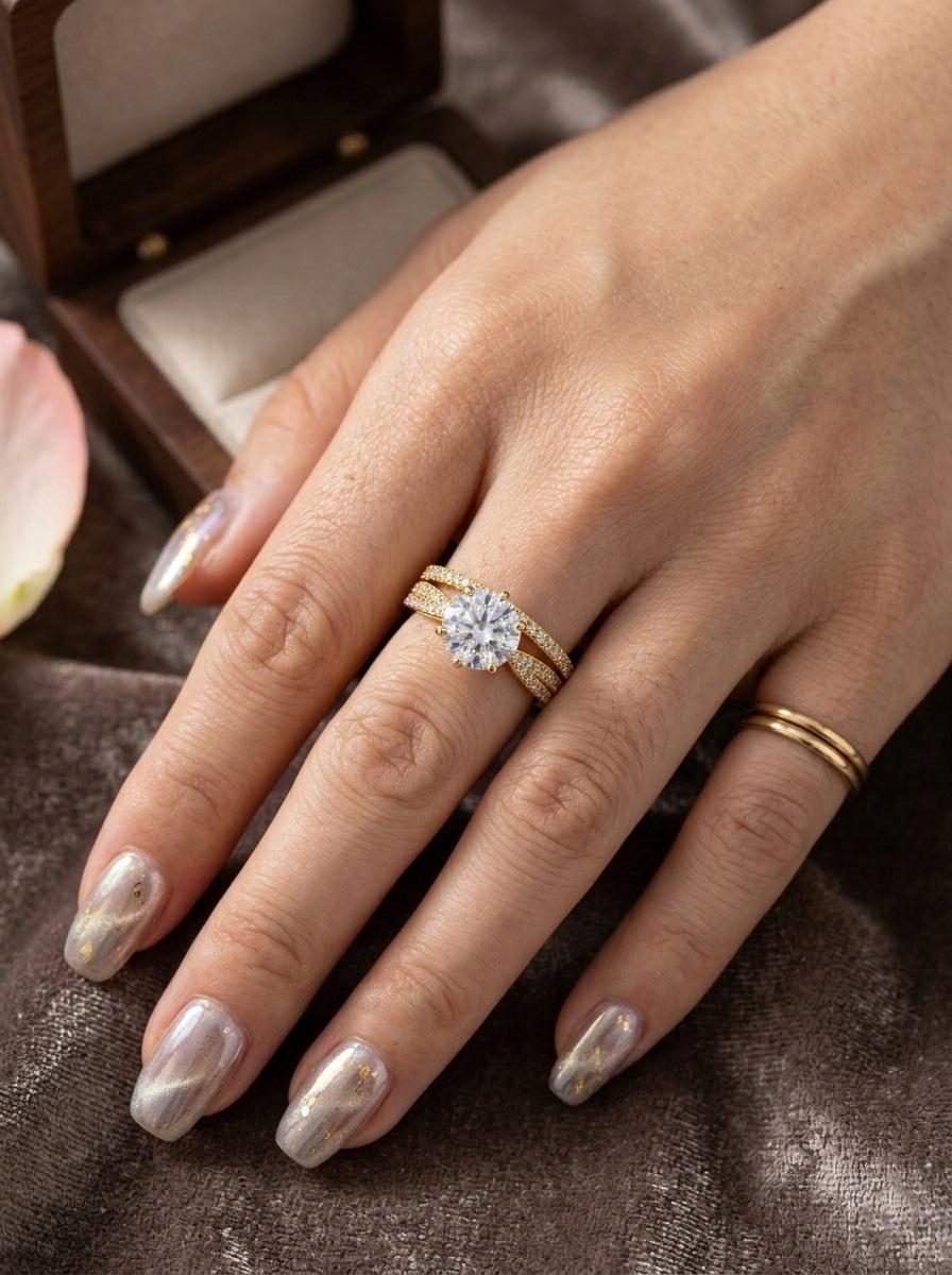 Elegant Golden Cubic Zirconia Ring Set for Women, Shiny Round Solitaire Bridal Stack Ring, Sparkly Wedding Engagement Anniversary Jewelry Gift for Her