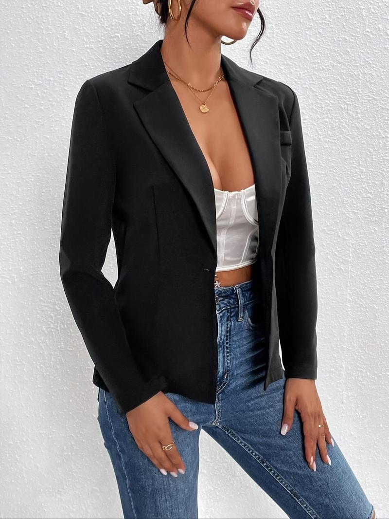 Women's Solid Color Button Front Blazer, Casual Long Sleeve Lapel Neckline Outerwear for Work Office Business, Ladies Spring & Fall Clothes, Business Casual Outfits Women, Fall Clothing Women, Womenswear