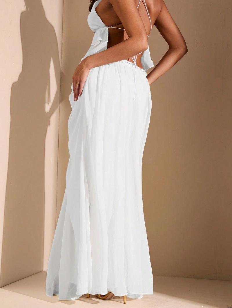 Date Beach Holiday , Women For Maxi Slit High Ruched Asymmetric White BAE tiktok White Skirt Vacation