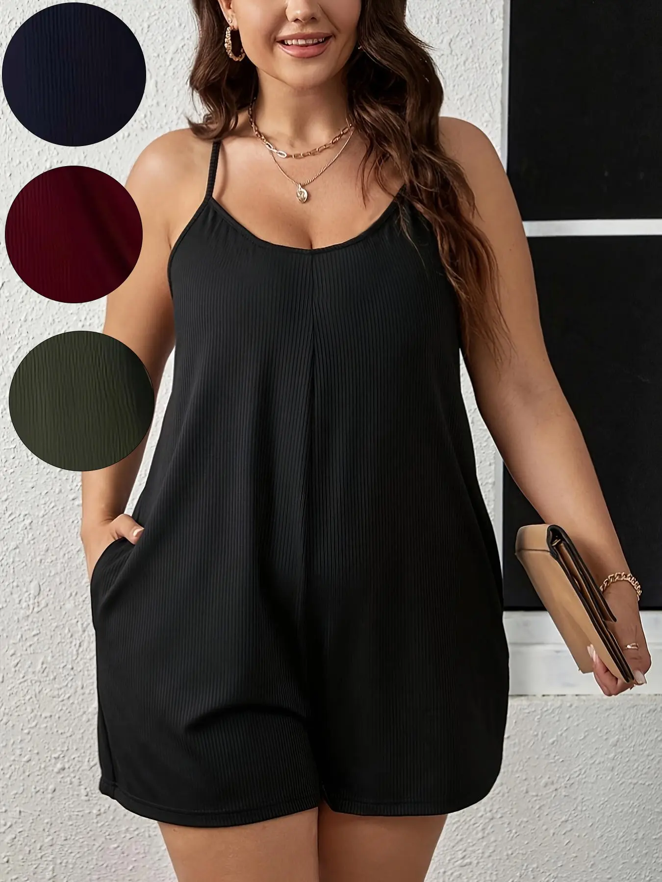 Plus Size Vertical Stripe Halter Jumpsuit, U Neck Loose Fit Short with Pockets, Elastic Knit Casual Wear, L-5xl, Comfortable Home & Vacation
