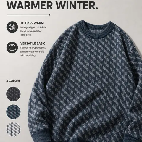 Men's Casual Vintage Jacquard Striped Knit Sweater, Round Neck Pullover Long Sleeve Top, Knitted Sweater, Fall & Winter Fashion, European Style, Knitwear, Knit Sweater Clothing