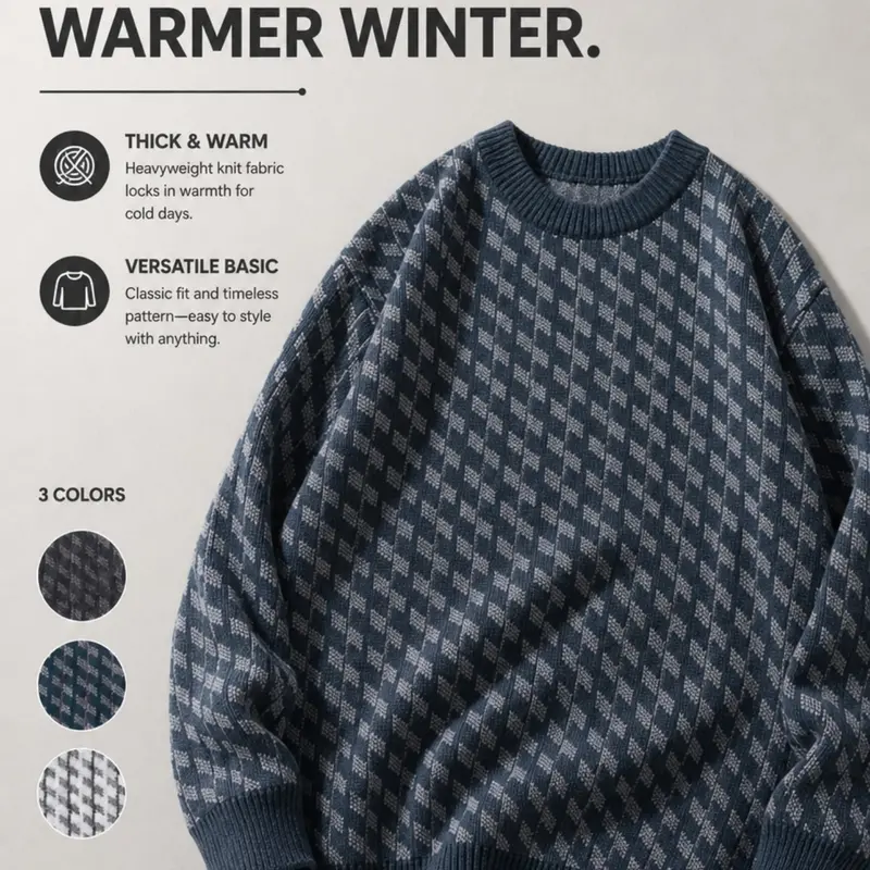 Men's Casual Vintage Jacquard Striped Knit Sweater, Round Neck Pullover Long Sleeve Top, Knitted Sweater, Fall & Winter Fashion, European Style, Knitwear, Knit Sweater Clothing