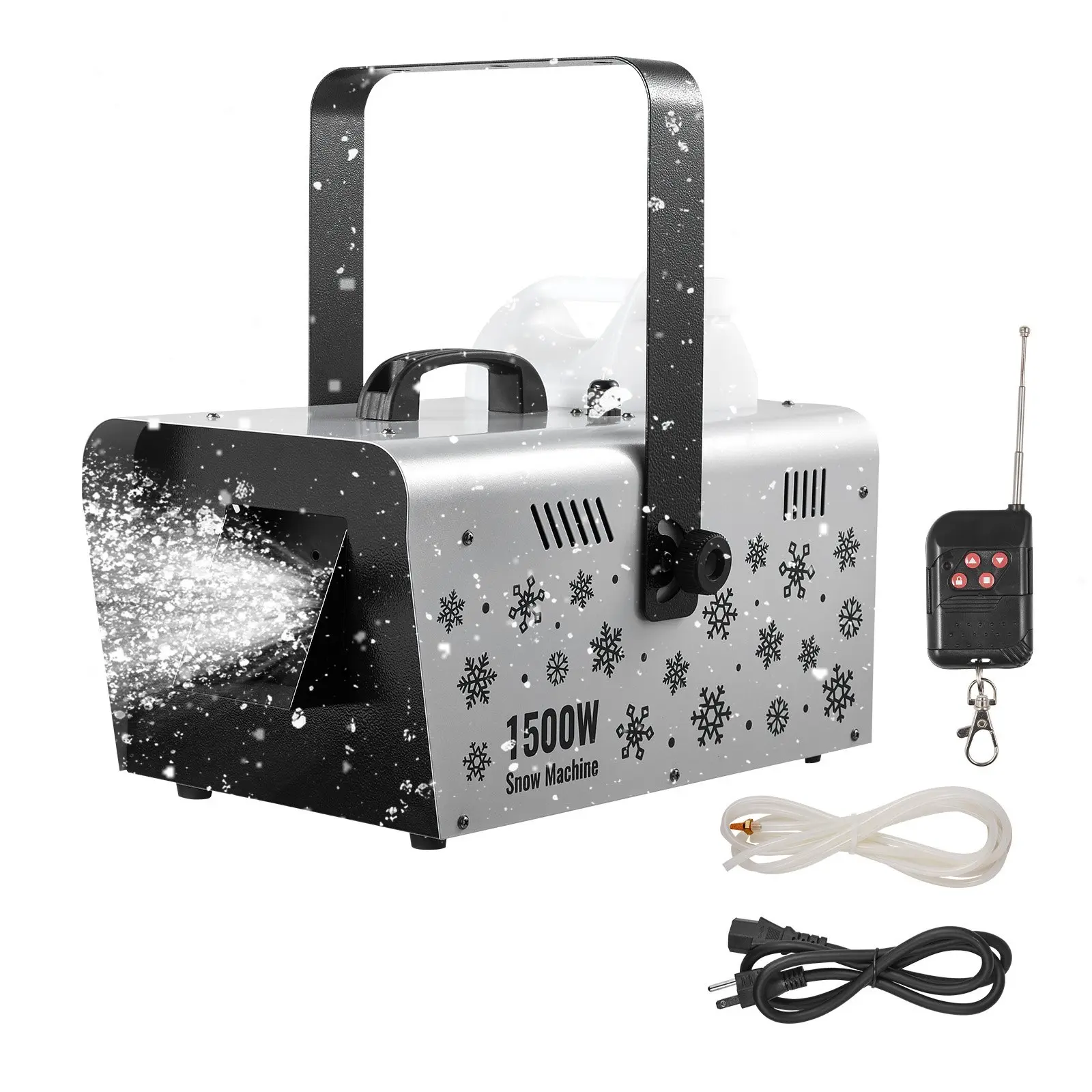VEVOR 1500W PP Plastic Snow Machine, 110V-120V Handheld/Hanging Top Handle Snow Maker with Wireless Remote Control, 5L Tank, 15.75ft Flake Spray Distance, Portable 14.77lbs 17.52x12.20x17.32in for Christmas Present, Wedding, Flakes