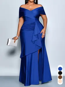 Plus Size Summer Elegant Sexy Chic Plain Women's Dress, FashionableDeep V Neck Short Sleeve High Waist Ruffle Split Bodycon Fit Dress, Womenswear