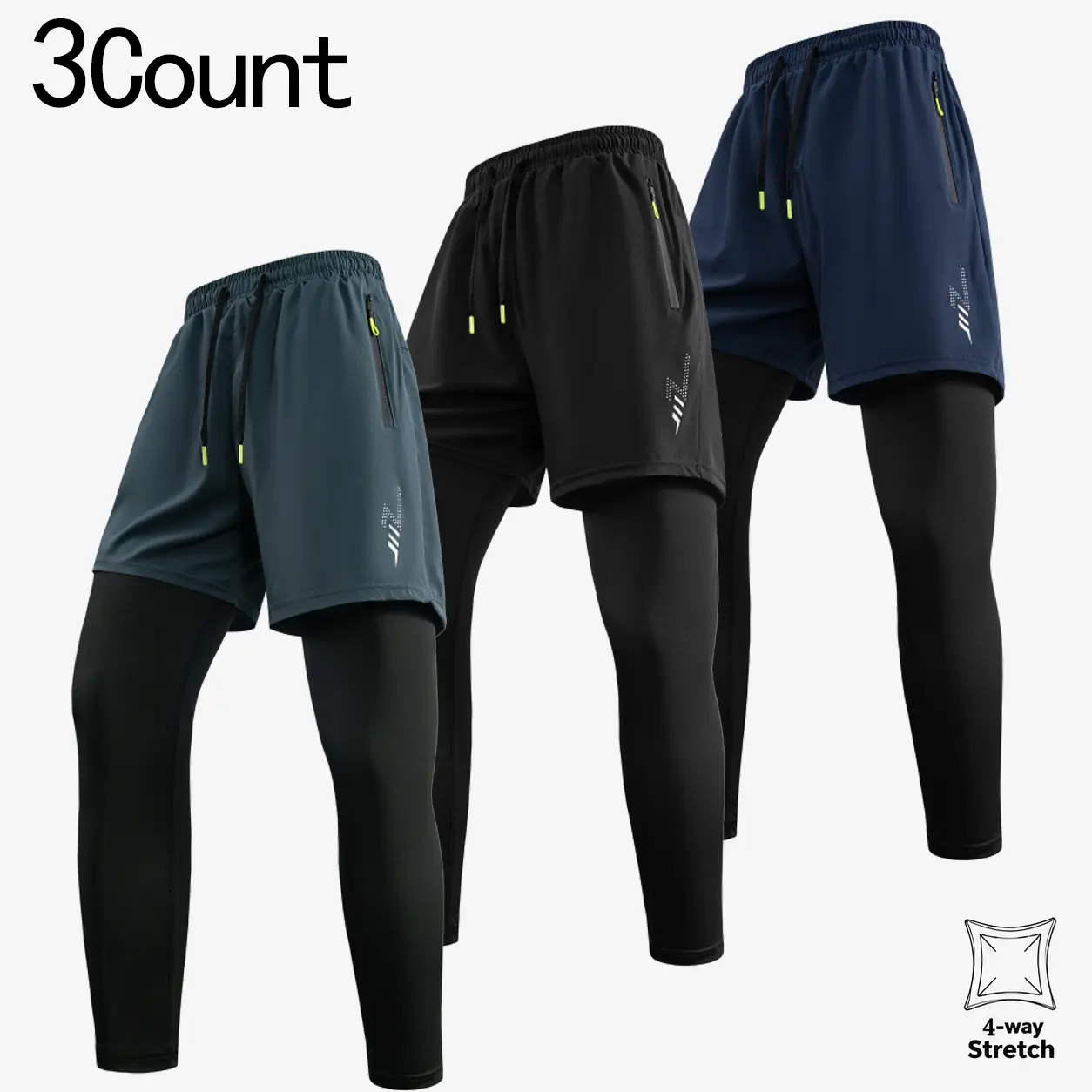 Guys 2-in-1 Athletic Pants Compression Leggings Gym Shorts 100% Polyester 4-Way Stretch Workout Running Joggers Piping Detail Male Activewear Bottoms cozy soft cool clean chic active sporty casual premium classic stylish durable trendy relaxed vibe 3-Pack