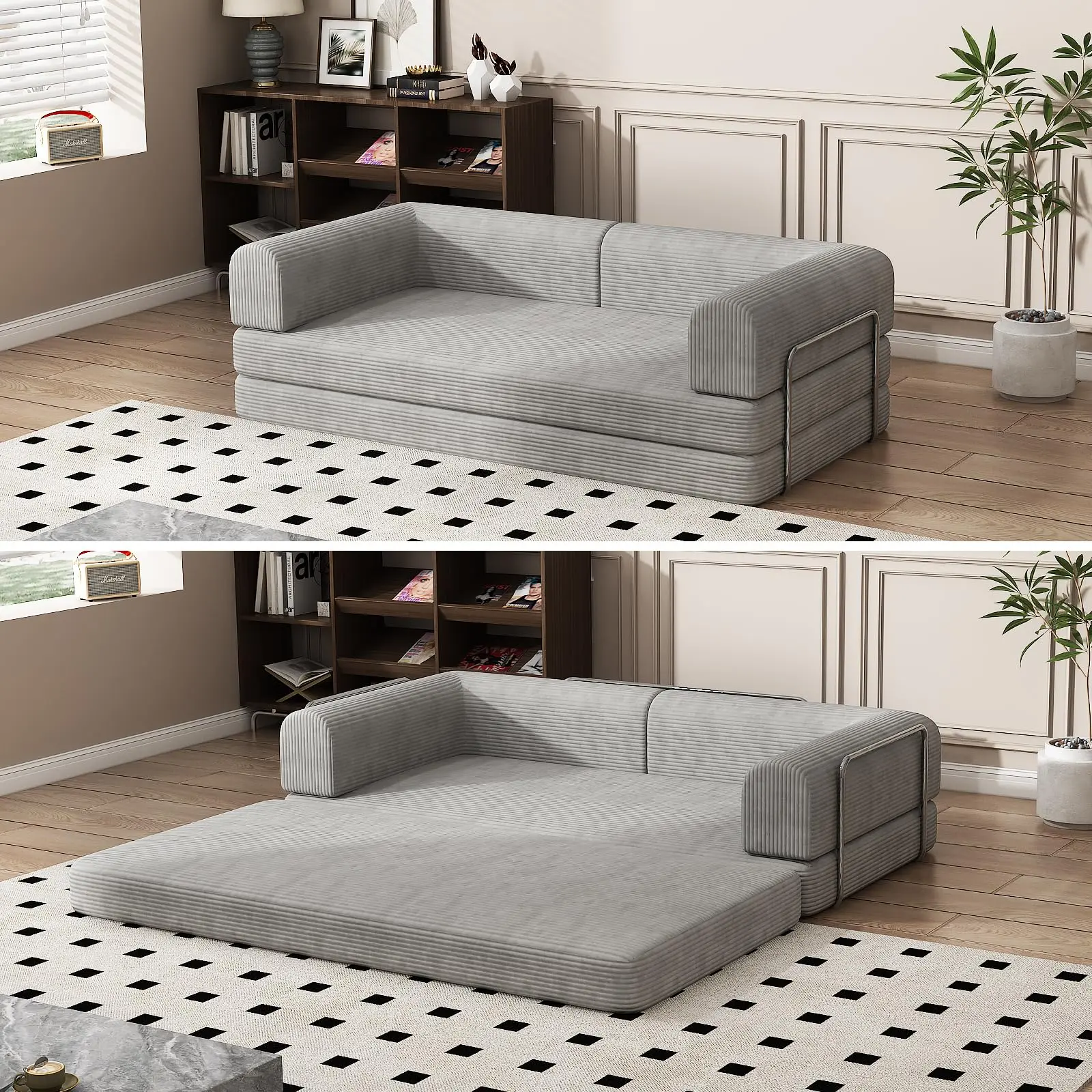 Convertible Sleeper Sofa Bed, 78" Boneless Couch with Fixed-Shape Frame, Corduroy Loveseat Floor Sofa, Folding Mattress Couch for Living Room
