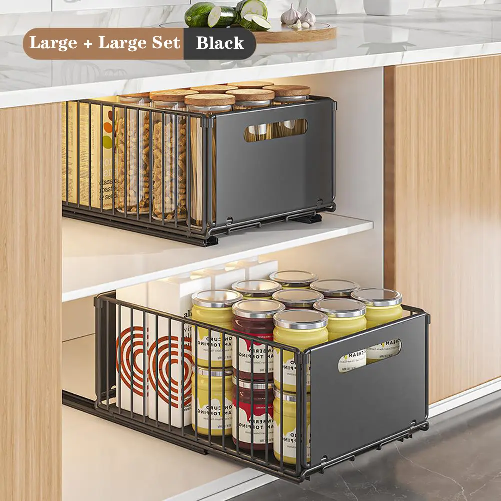 2PCS Pull Out Cabinet Organiser, Extendable Slide Out Drawer Adhesive, Storage Shelf with Adhesive Film, Roll-Out Drawer Organiser Shelf