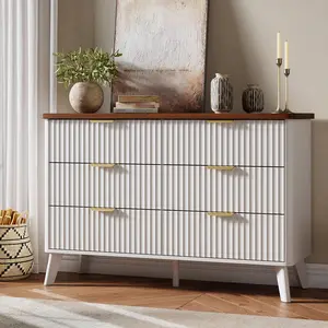 Garvee Fluted Dresser with 6 Deep Drawers, 47.2" Wide Modern Wooden Chest of Drawers, Curved Profile Design, Versatile for Bedroom, Living Room, Hallway, White Finish