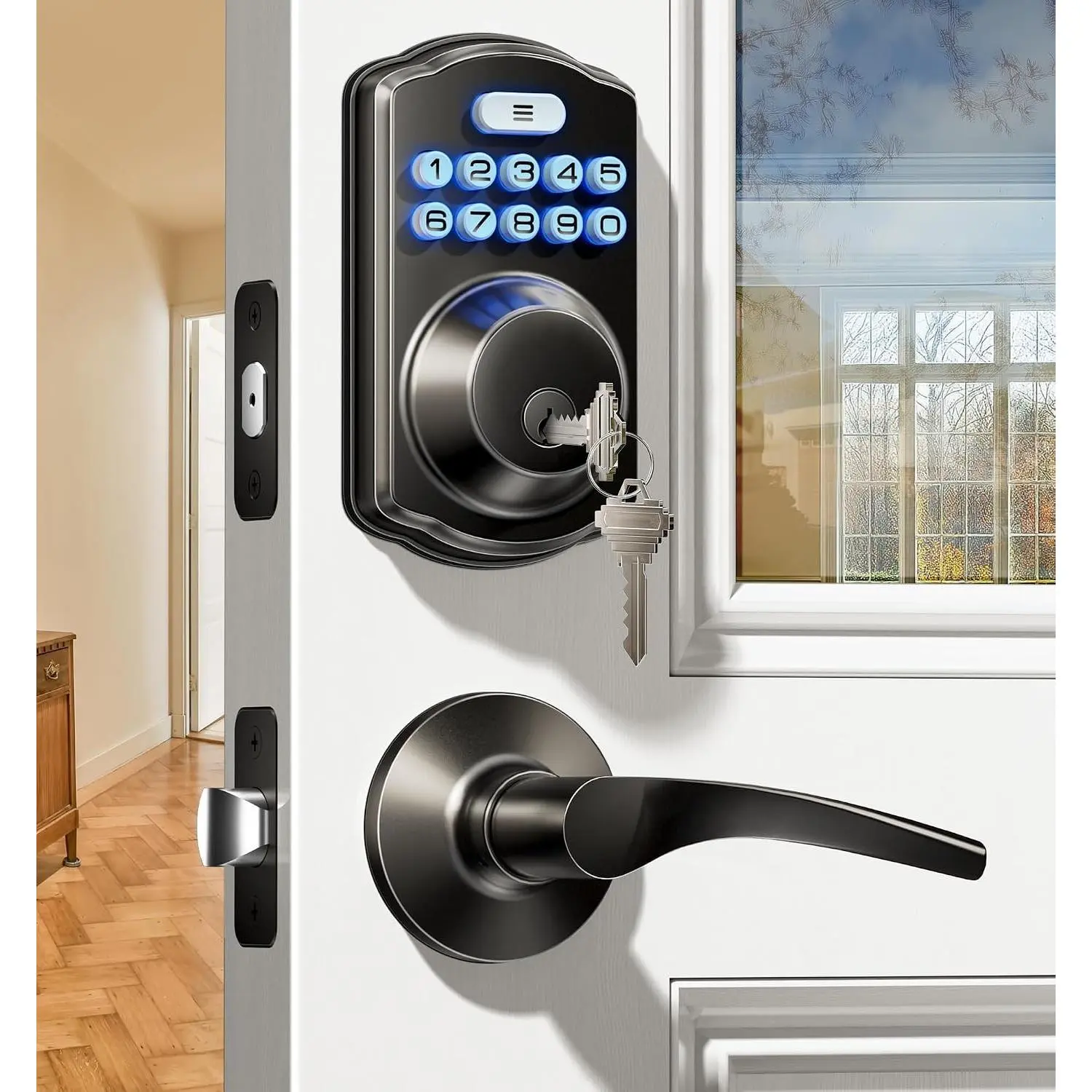 KS01B Matte Black Keyless Entry Electronic Keypad Deadbolt Set with 2 Lever Handles - Auto-Lock, Code Sharing, Easy-Installation Digital Smart Front Door Solution