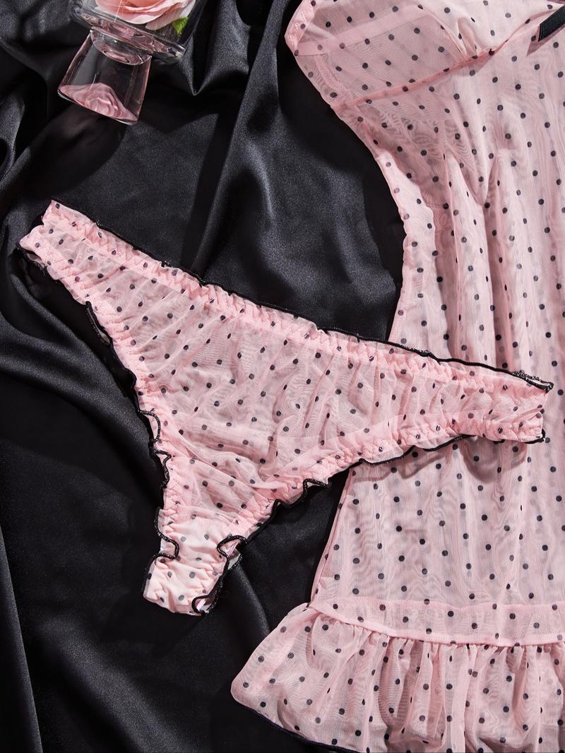 Women's Elegant Polka Dot Sleepwear Set, Lightweight Knit Fabric, Soft Touch, Half-Transparent Effect, Classic Bow, All Seasons