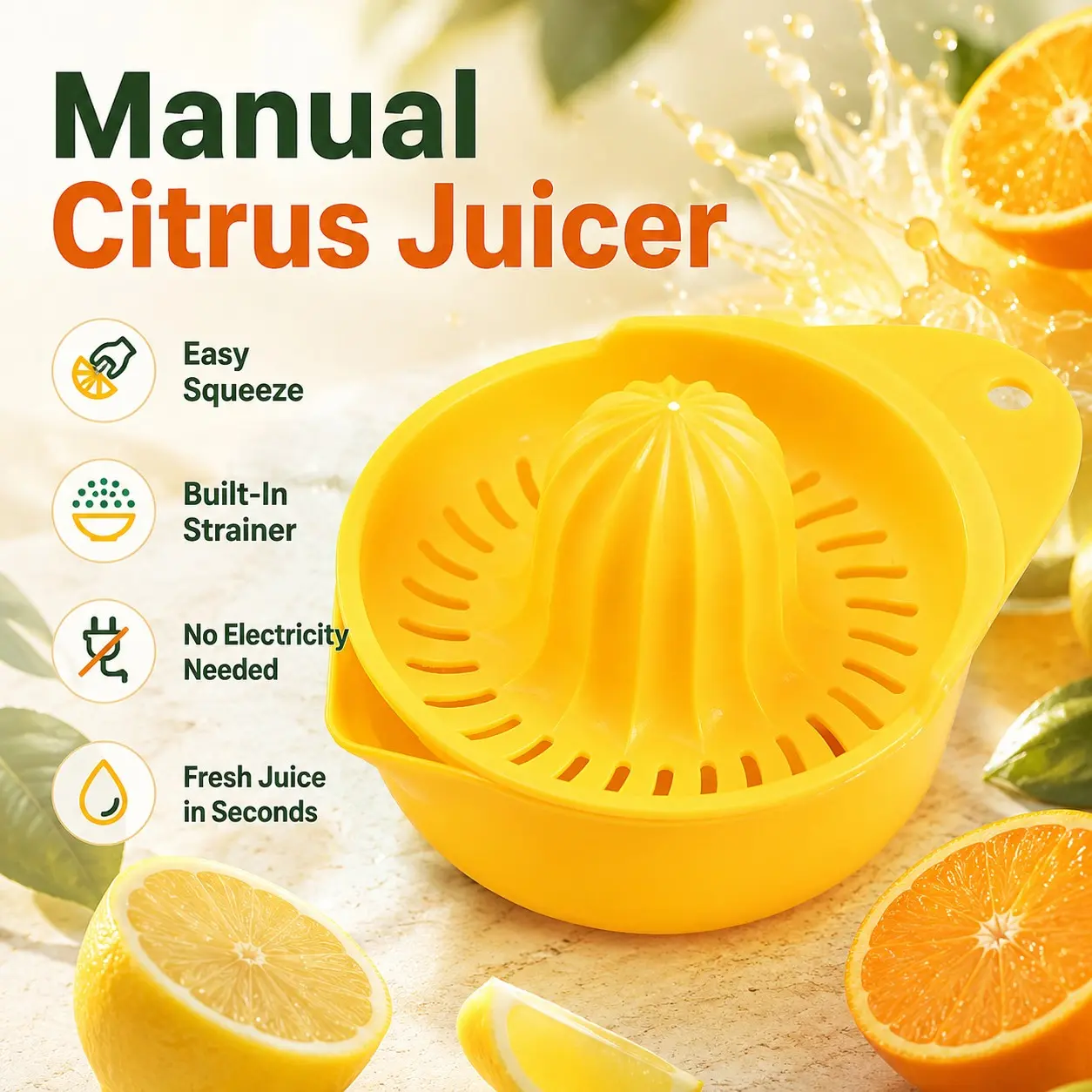 Plastic Manual Juicer for Oranges and Lemons, Press-Type Fruit Juice Extractor, Efficient Hand-Operated Citrus Squeezer