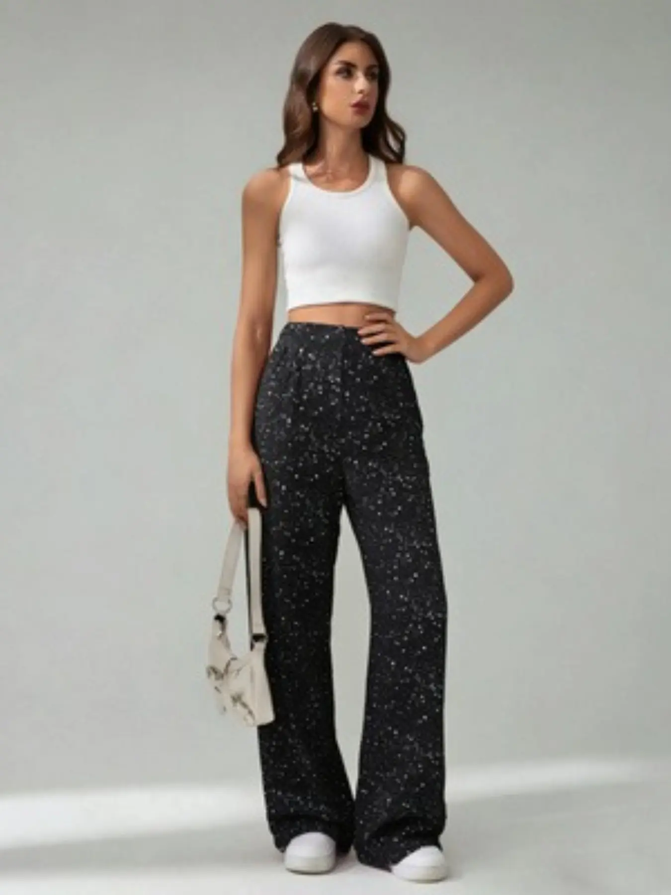 Women's Silver Color Glitter Speckle High-Waist Loose Fit Wide-Leg Trousers, Casual Style, Soft Fabric, Ideal for Nightclubs & Summers