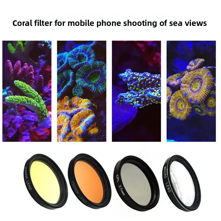 4-in-1 Suit Smartphone Cellphone Camera Lens Accessories, Sea Aquarium Coral Filter with Orange-Yellow Lens for Phone Photography to Remove Blue Light & Boost Color, Four-In-One Suit