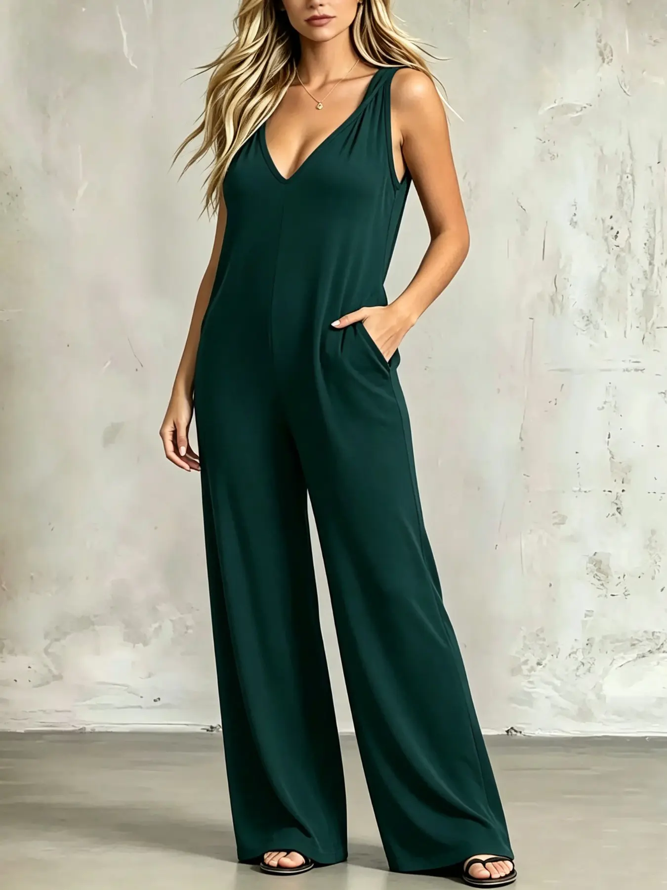 L3790 Viral Soft Life Clean Fit Sleeveless V-Neck Jumpsuit, Relaxed Wide Leg Romper with Side Pockets, Soft Flowy Loungewear for Vacation & Daily Casual OOTD