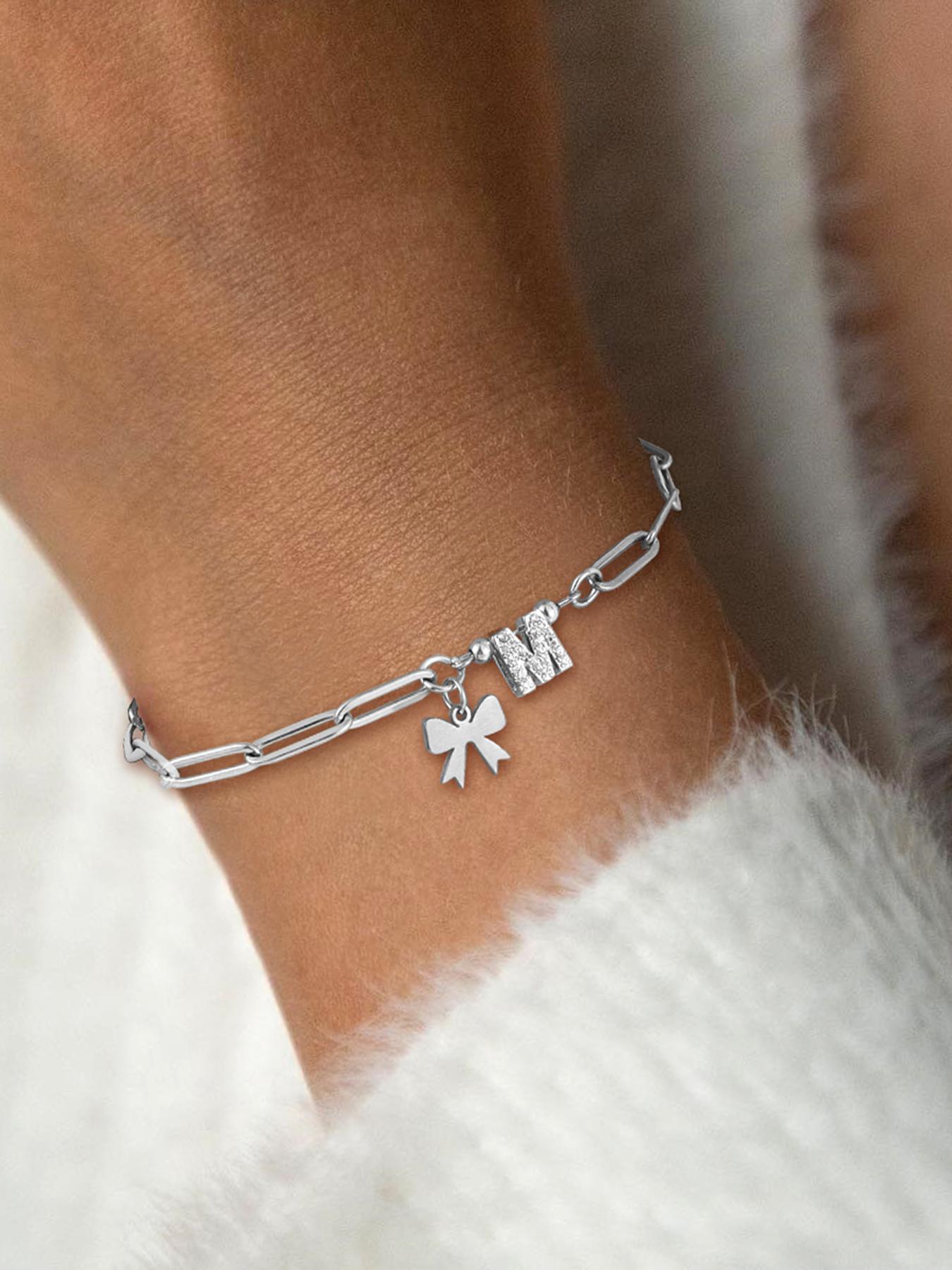 Bowknot Design Initial Bracelet, Rhinestone Decorated Link Bracelet for Women & Girls, Fashion Jewelry for Party, Daily Decor, Trendy All-match Jewelry for Gift, Personalized Jewelry