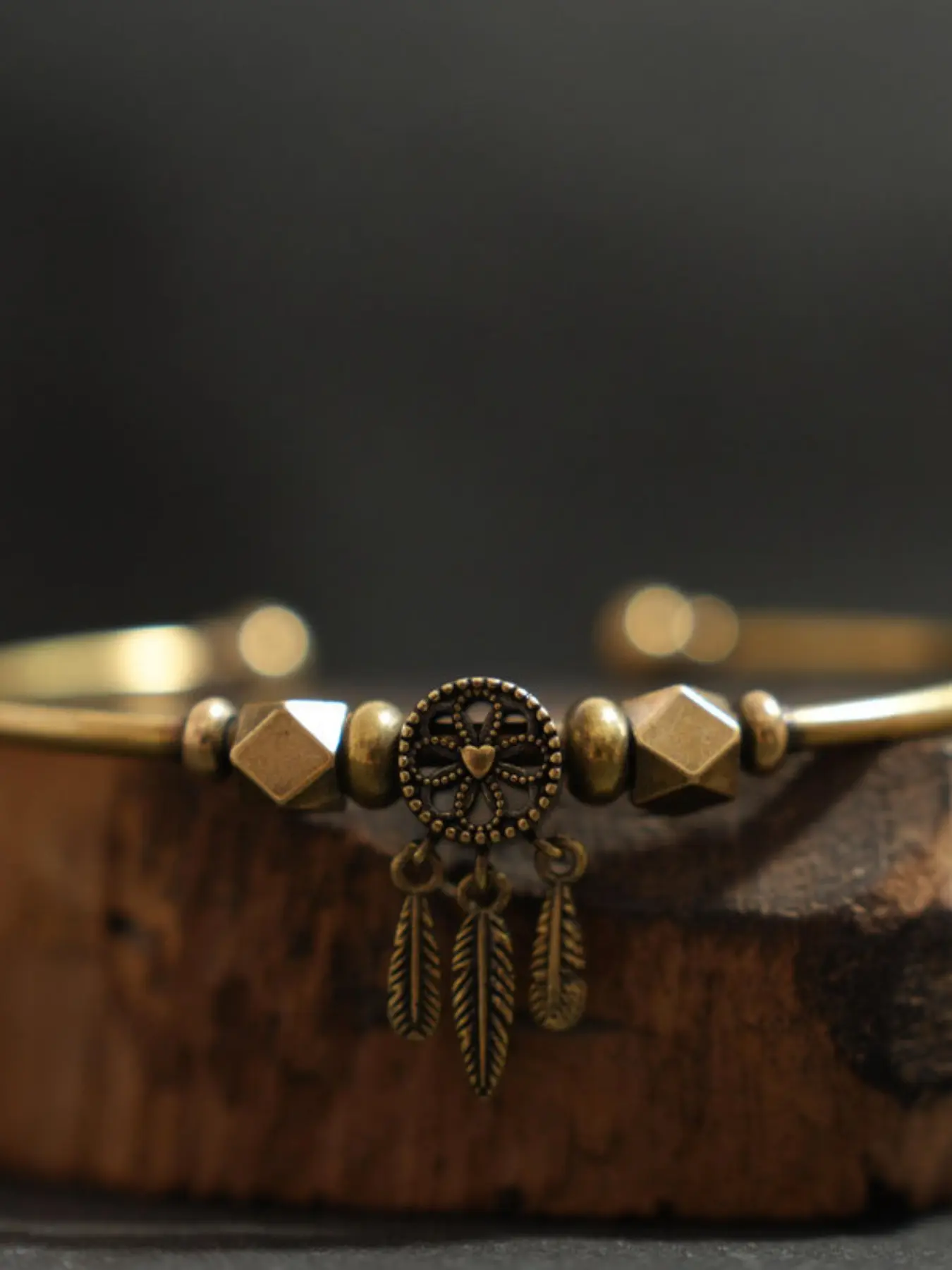 Antique Brass Dreamcatcher Sliding Cuff Bangle Bracelet with Feathers, Bohemian Ethnic Cuff for Women, Vintage Good Luck Charm Jewelry