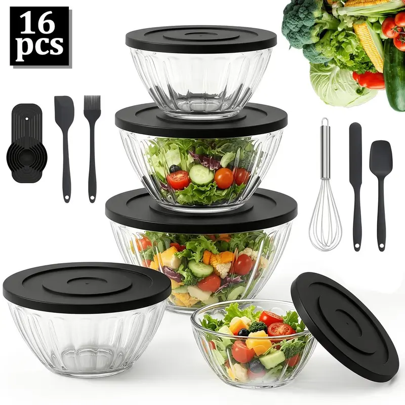 16-Piece Multi-Size Round Ribbed PET Stackable Nesting Mixing Bowl Set with Leak-Proof Lids, Measuring Spoons, Baking Utensils - Multi Bowl Food Storage Kitchen Utensils for Baking, Serving