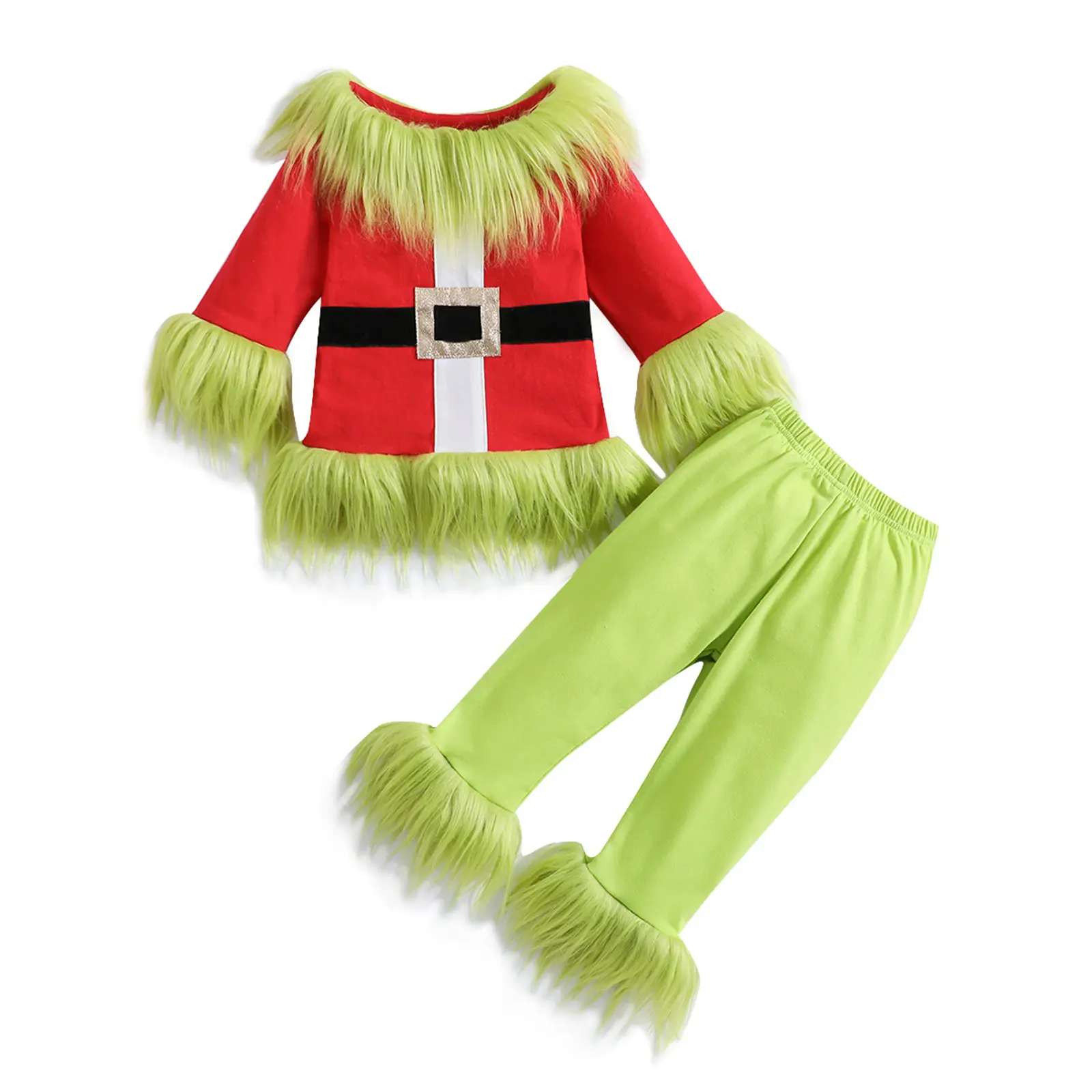 Toddler Boy Girl Christmas Outfit Fuzzy Plush Green Monster Furry Santa Long Sleeve Top Elastic Pants 2Pcs Holiday Cosplay Suit