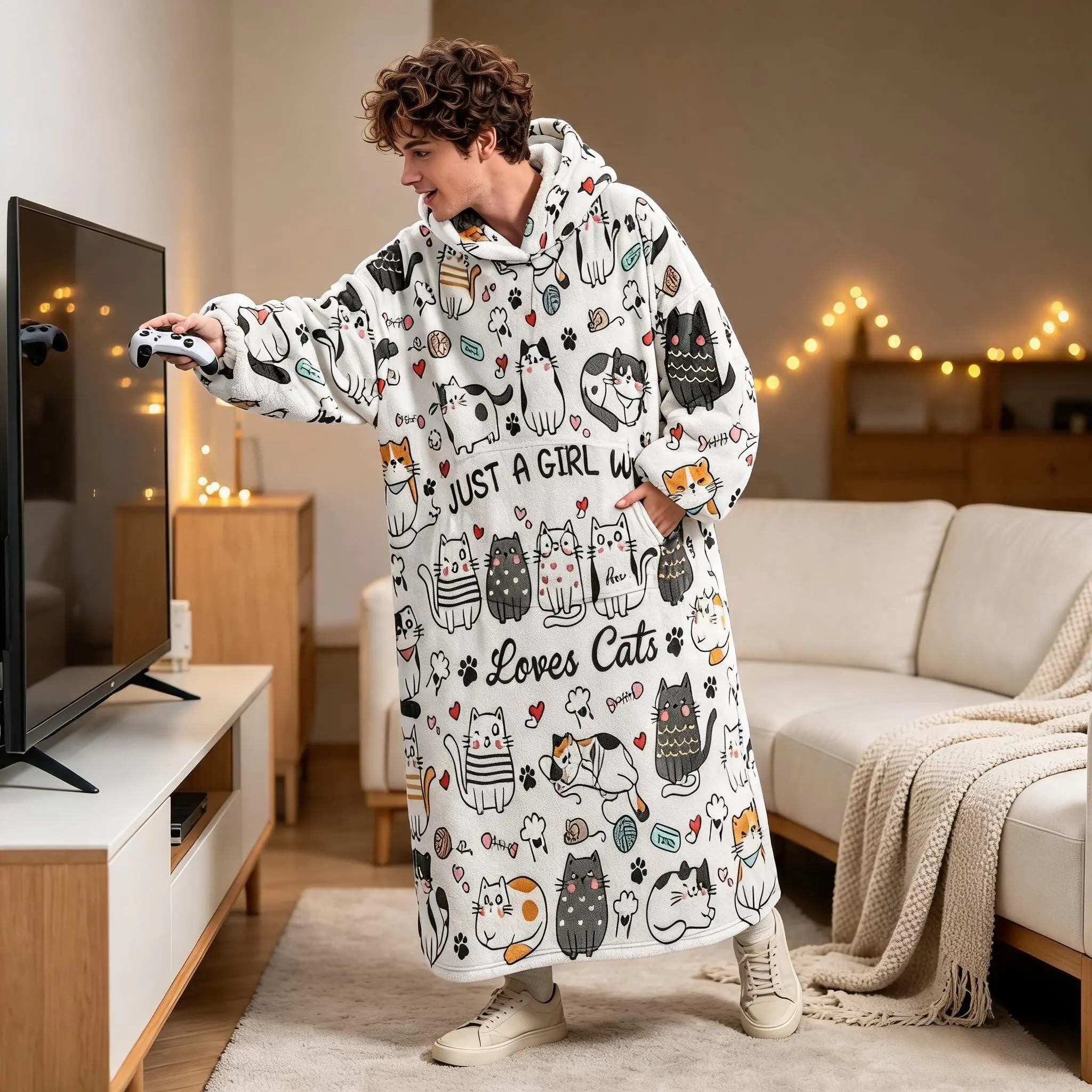 1pc Hooded Wearable Blanket, Cute Hand-Drawn Cat Print, Warm and Comfortable, Large Pocket, Perfect Gift for Christmas and Valentine's Day