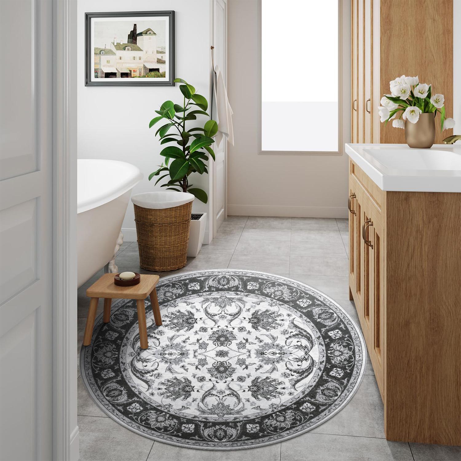 Retro round carpet, non slip low plush round carpet for living rooms and daycare, Bohemian printed indoor carpet