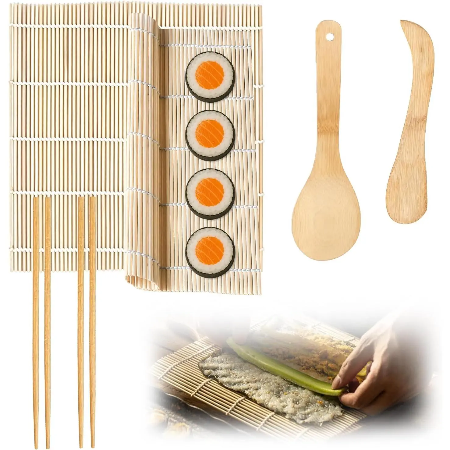 Sushi Making Kit, 6 count Beginner Sushi Maker Set, Including 2 White  Rolling Mats, 2 Pairs Chopsticks, 1 Paddle,1 Spreader,   Material, Ideal  for , ,  Chef