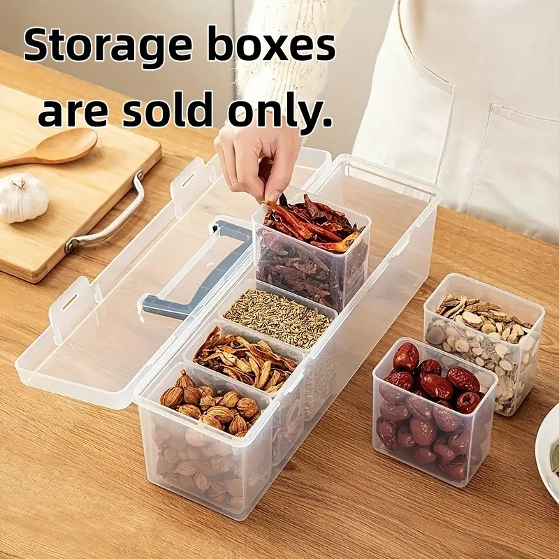 1 Set / 7 Pcs Spice Container Set with Lids – Food-safe PP compartment storage boxes for spices, herbs and seasonings. Removable and multifunctional, ideal for kitchen organization, camping, catering tables, or daily small item storage.