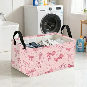 1pc, Extra Large Blushing Bow Delight Pattern Open Storage Basket, Square Oxford Bin with Metal Frame, Square Storage Basket for Tea Collection Storage, Infusers and Beverage Station Organization