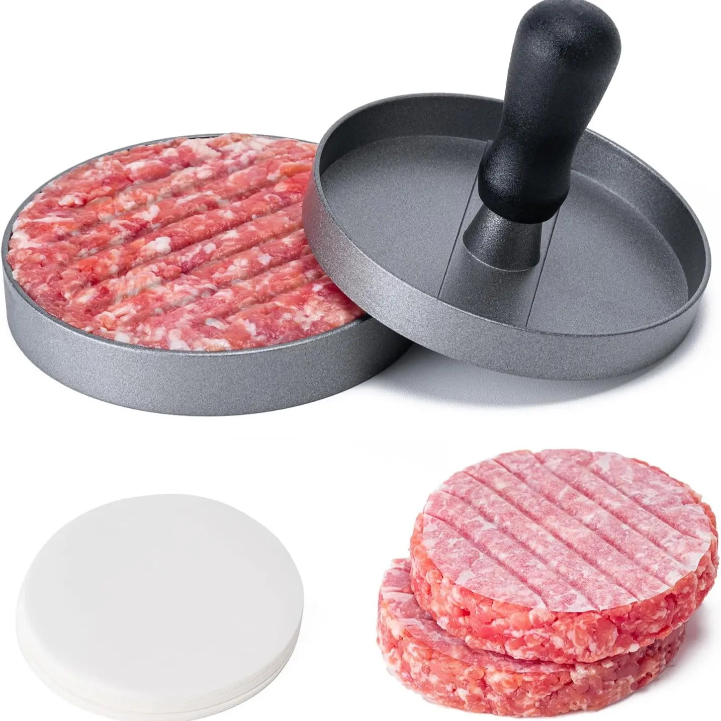 Hamburger press set, includes 100 pastry sheets, 4.6-inch round presser, grill presser. Non-stick hamburger meat patty maker with wax paper, aluminum hamburger presser, suitable for kitchen grilling, can be used to make burgers with beef, cheese, vegetabl