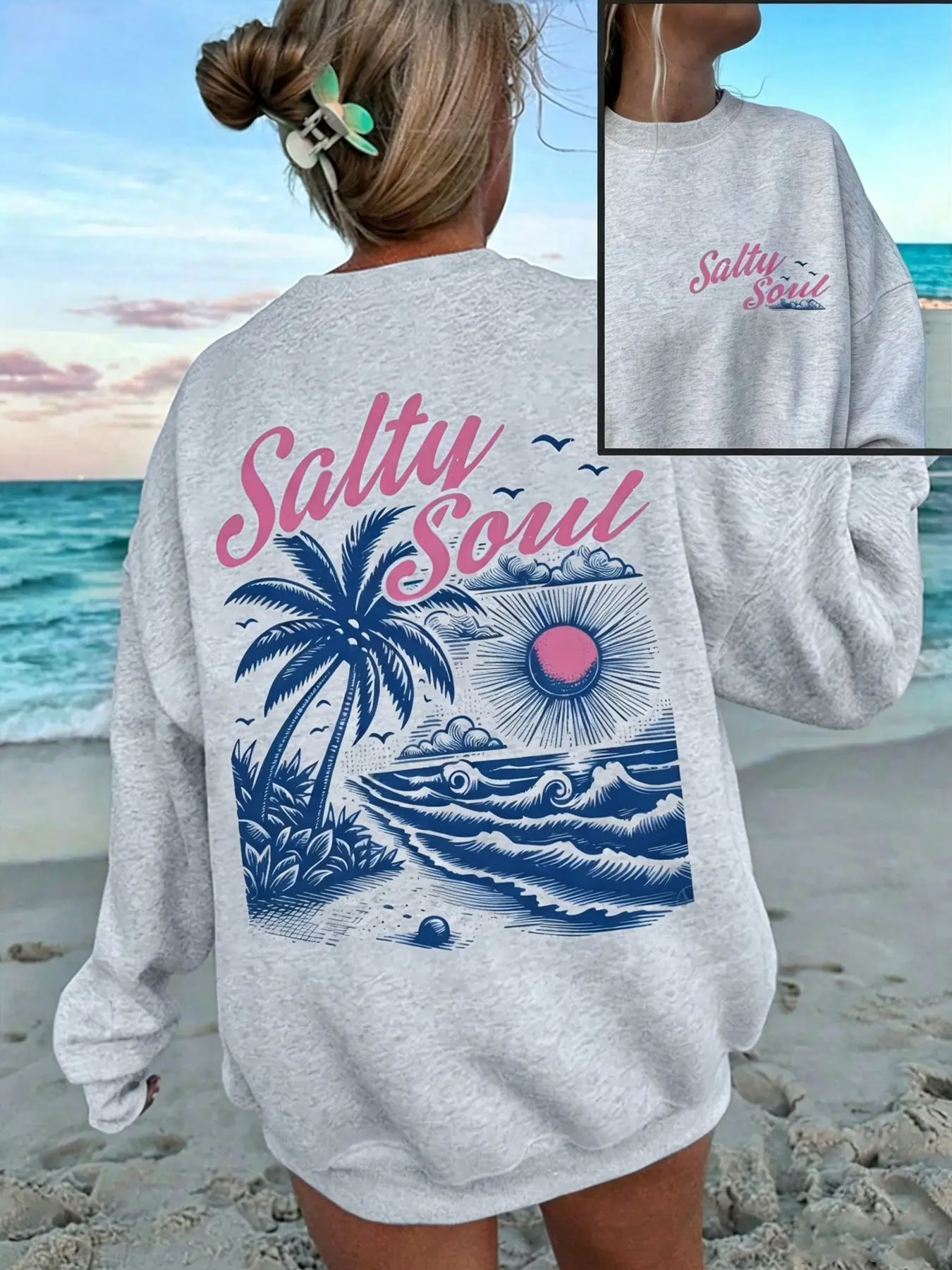 Women's Casual Drop Shoulder Round Neck Sweatshirt, Sunset Palm Tree Graphic, Fall & Winter Return to School Clothing, Loose-Fitting